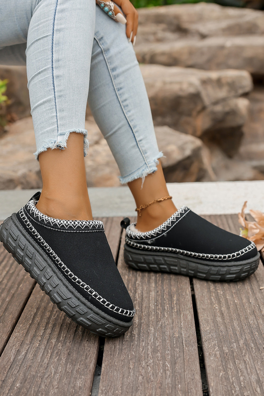 Coffee Contrast Stitch Detail Faux Suede PU Patchwork Plush Winter Clog Slippers