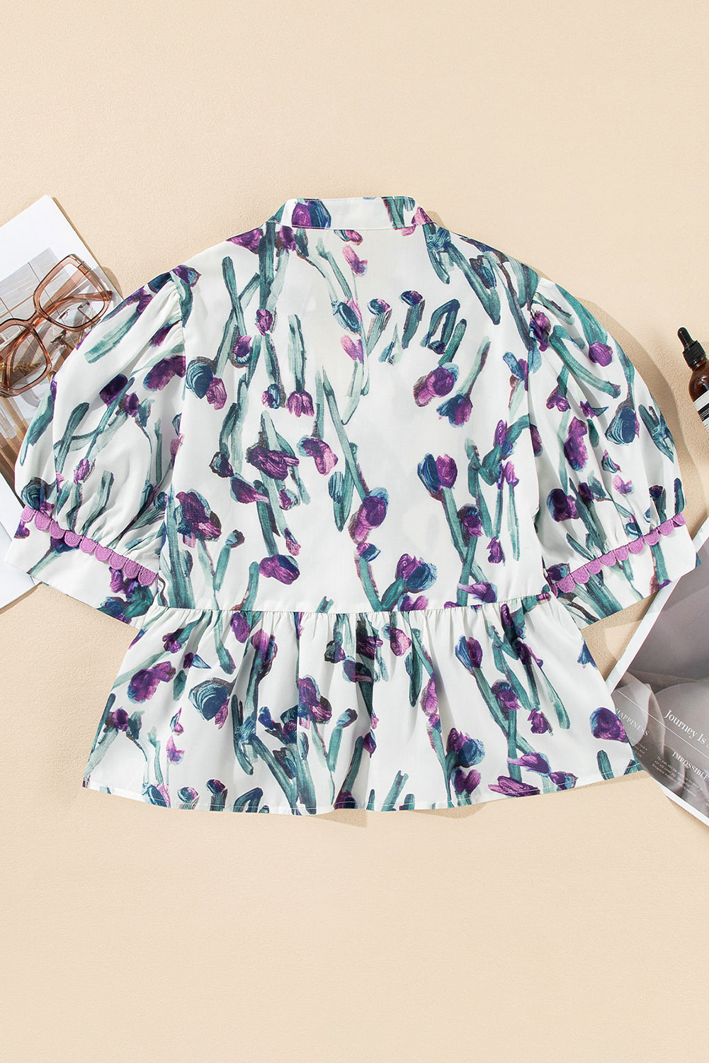 Purple Floral Ricrac Trim Half Sleeve Peplum Top
