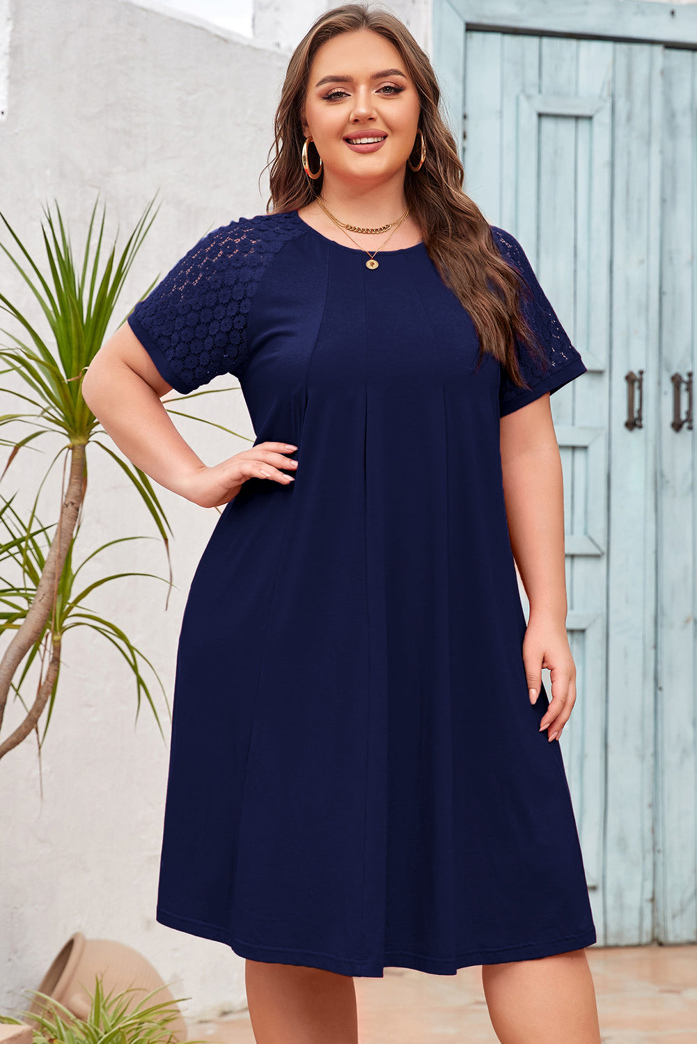 Light Pink Plus Size Solid Color Lace Short Sleeve Pleated Swing Dress
