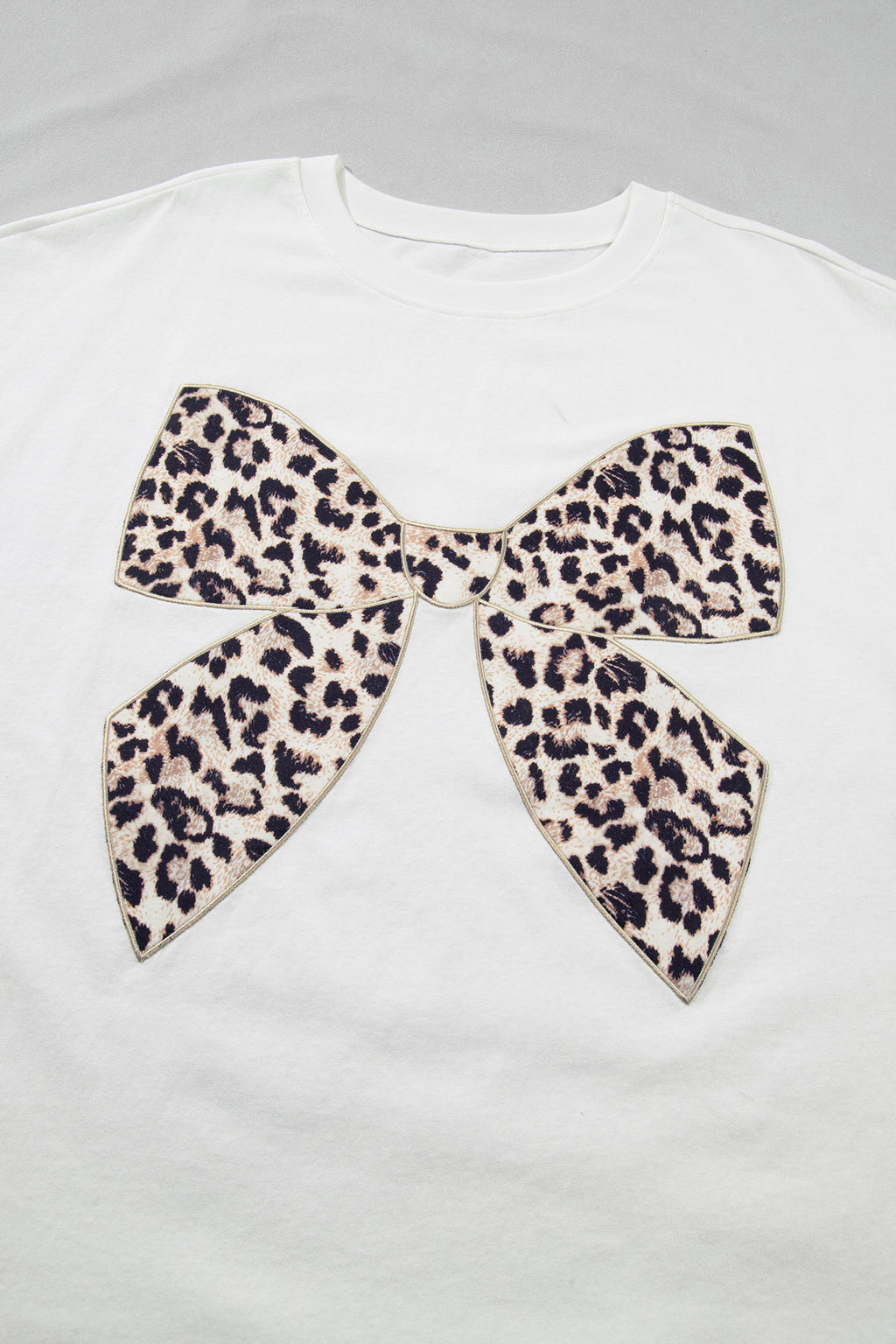 Pink Leopard Bow Embroidered Cotton Round Neck T Shirt