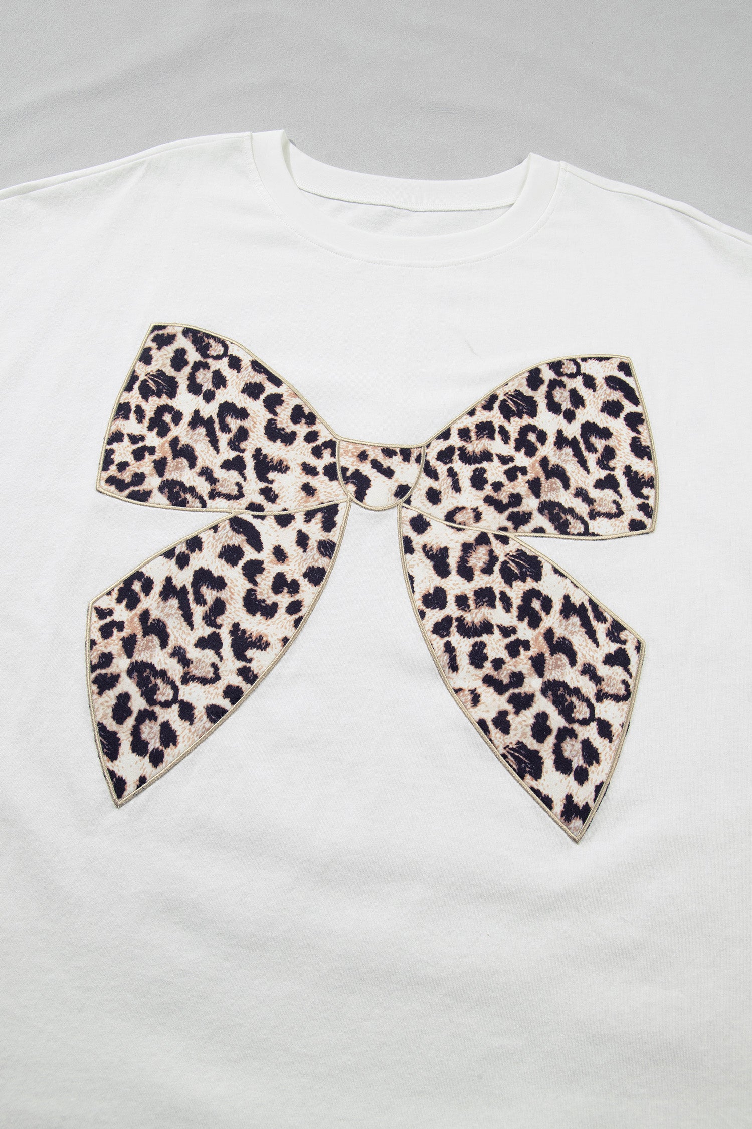 Pink Leopard Bow Embroidered Cotton Round Neck T Shirt