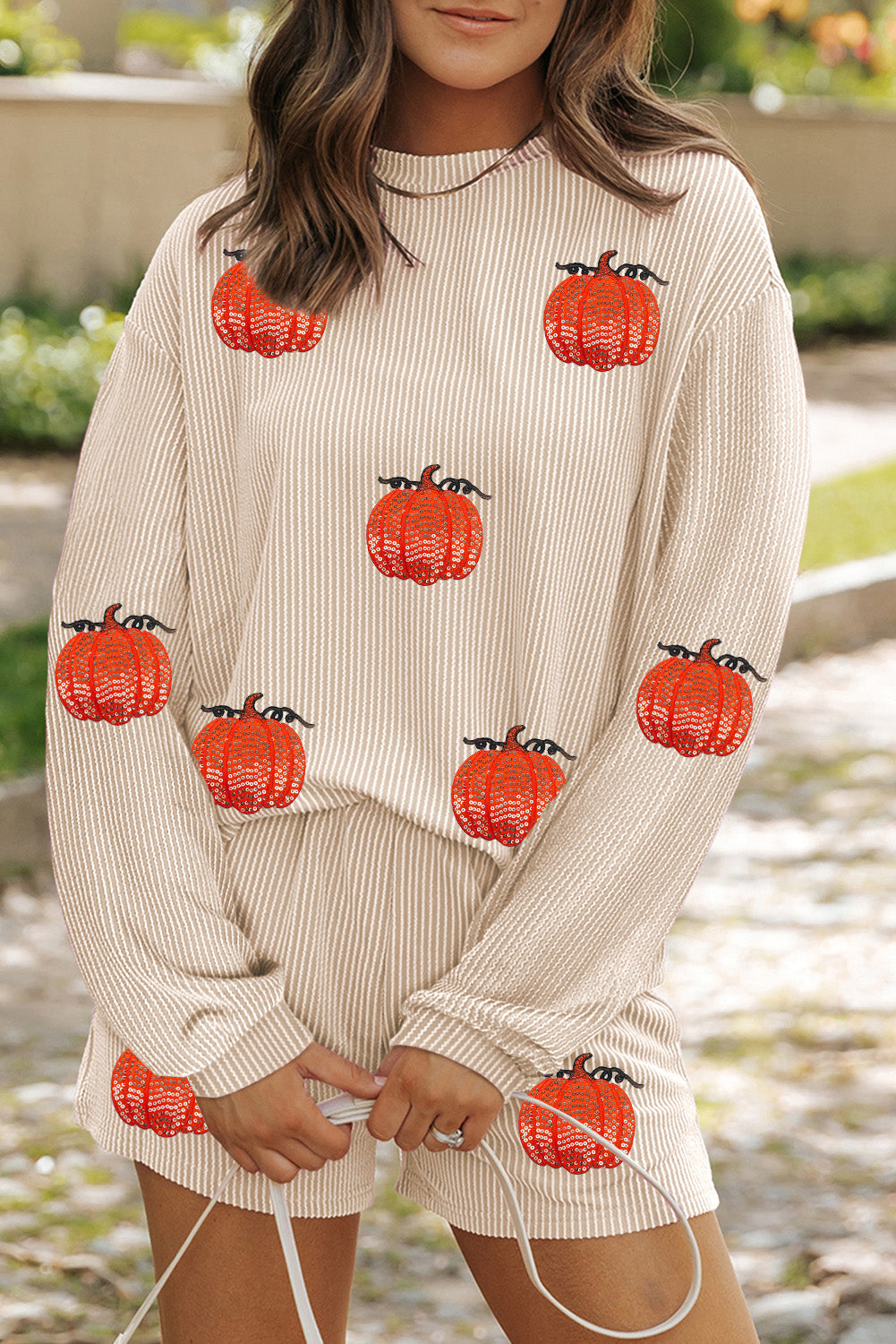 White Colorful Pumpkin Sequin Patched Drop Shoulder Sweatshirt