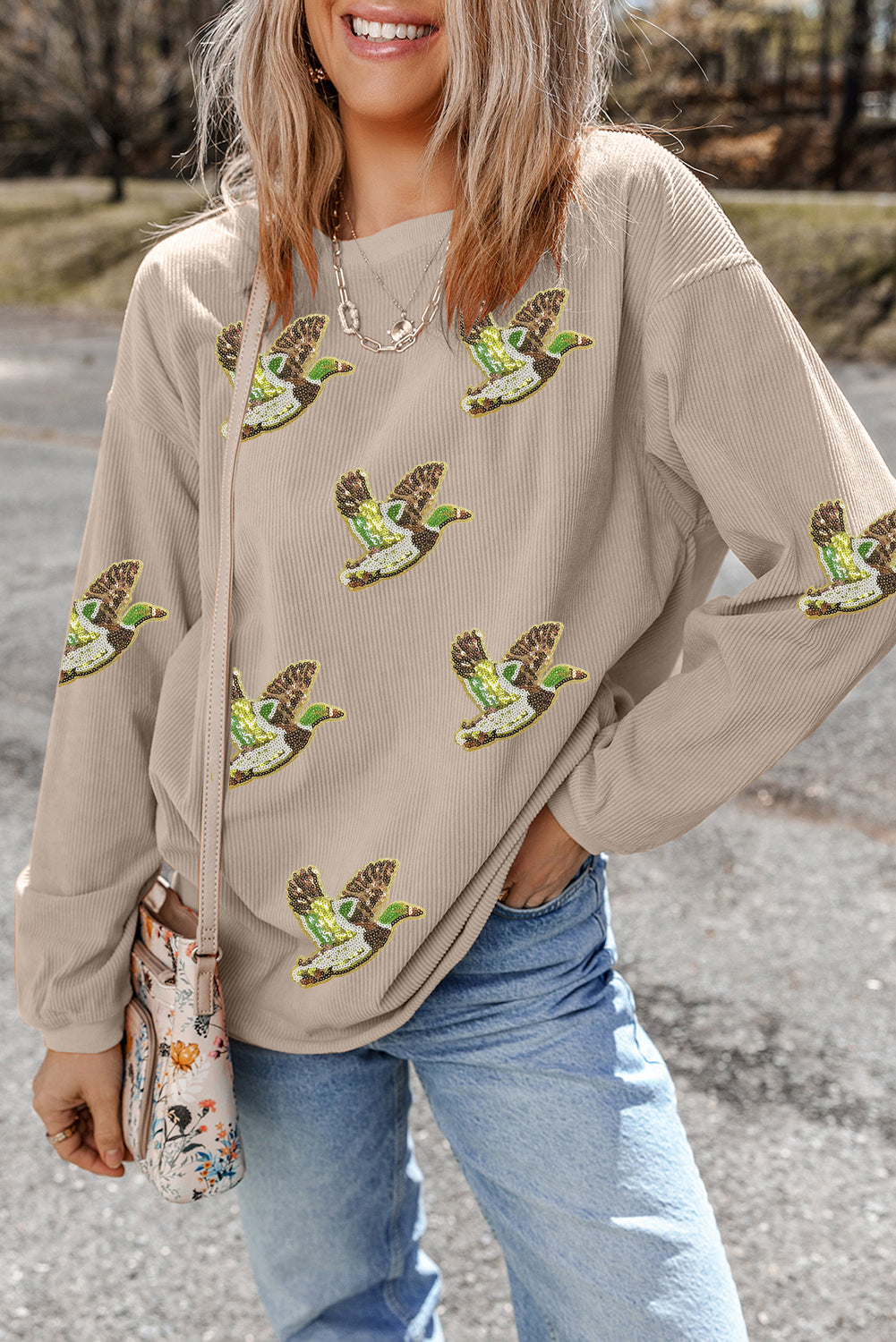 Smoke Gray Sequined Bird Pattern Corded Thanksgiving Sweatshirt