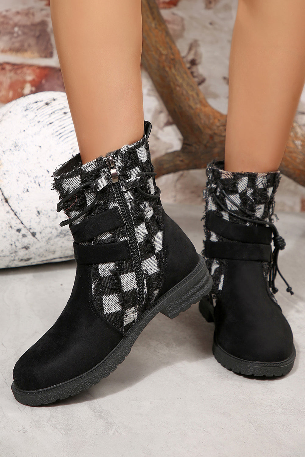 Black Faux Suede Frayed Checkered Patchwork Side Zip Boots