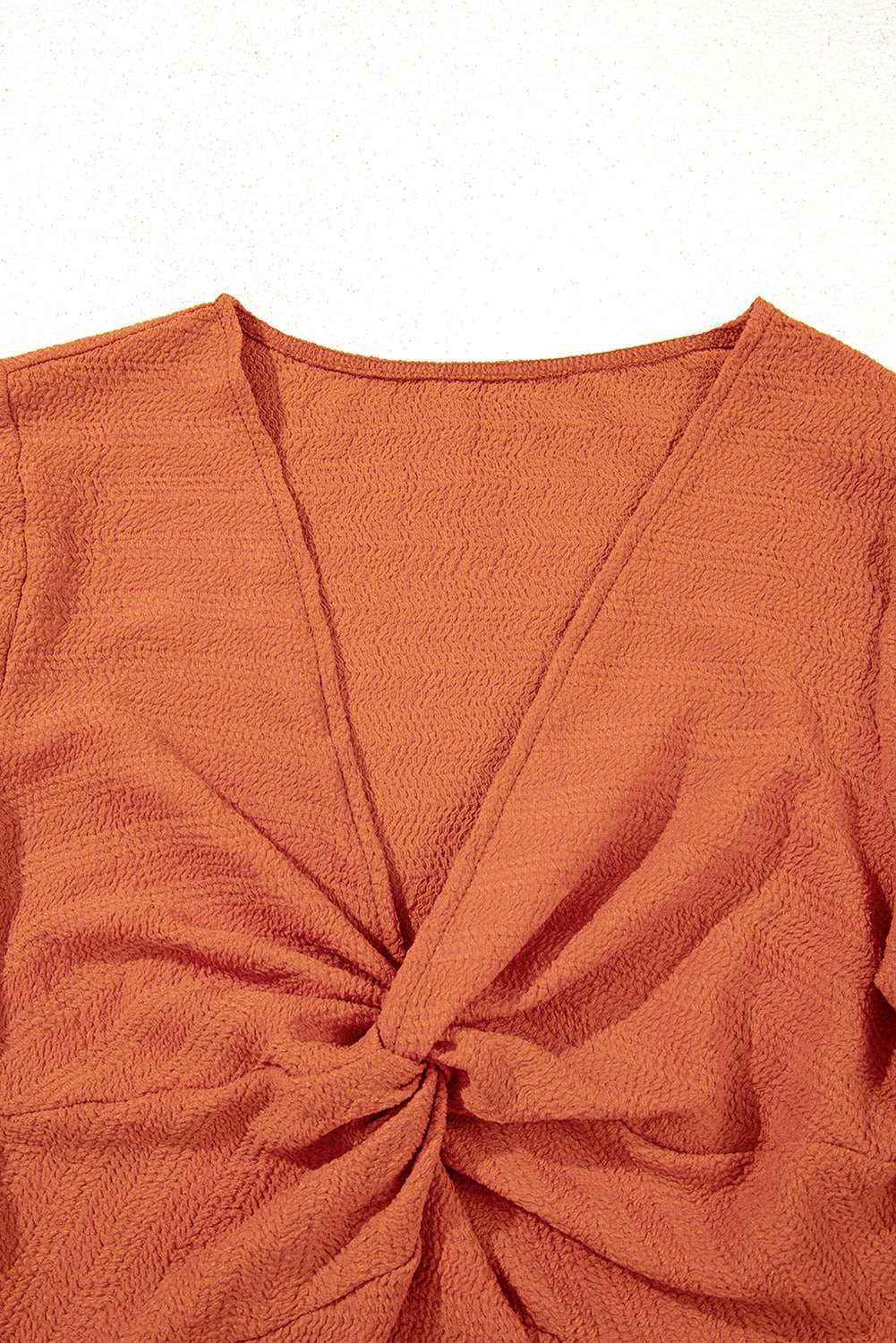 Moonlight Jade Textured Twist Front V Neck Long Sleeve Slim Solid Color Top