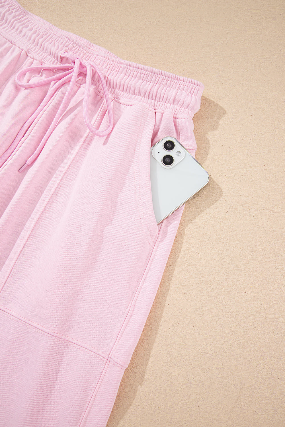 Light Pink Drawstring Elastic Waistband Solid Color Jogger Pants