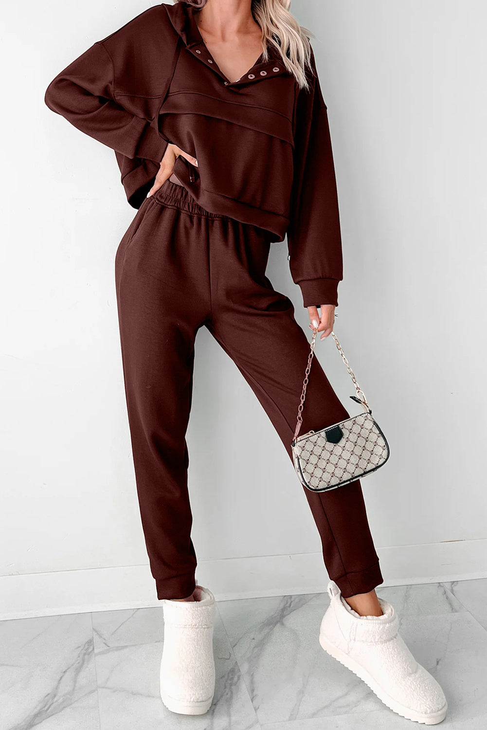 Chicory Coffee Button Drawstring Cropped Hoodie Jogger 2pcs Set