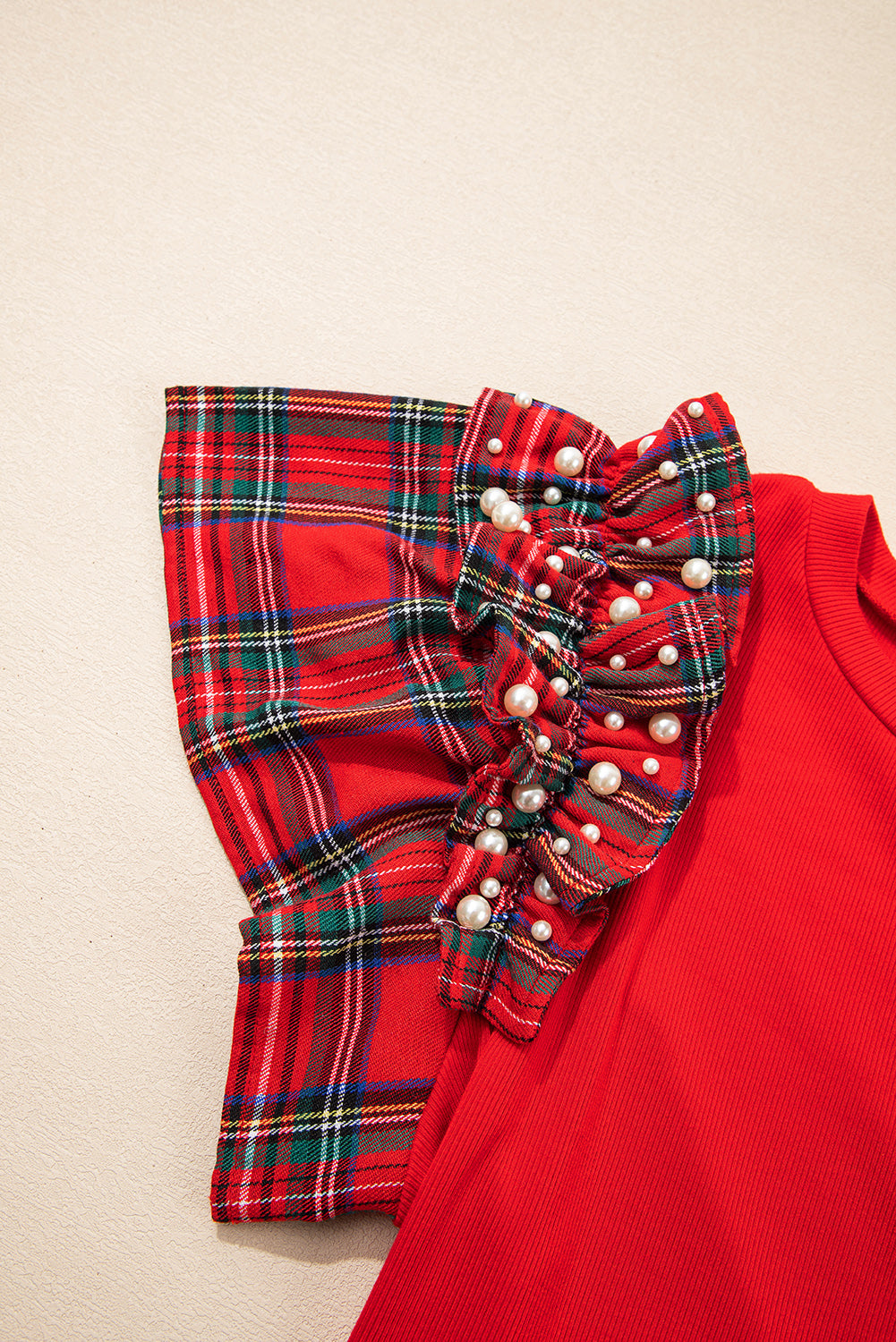 Red Festive Plaid Pearl Embellished Ruffle Short Sleeve Blouse
