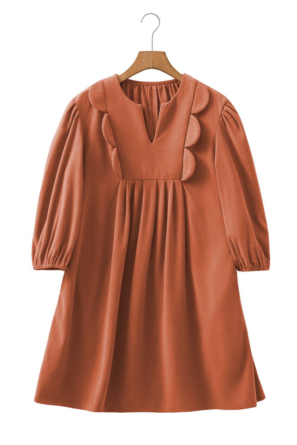 Moss Green Bracelet Sleeve Split Neck Scallop Detail Pleated Corduroy Mini Dress