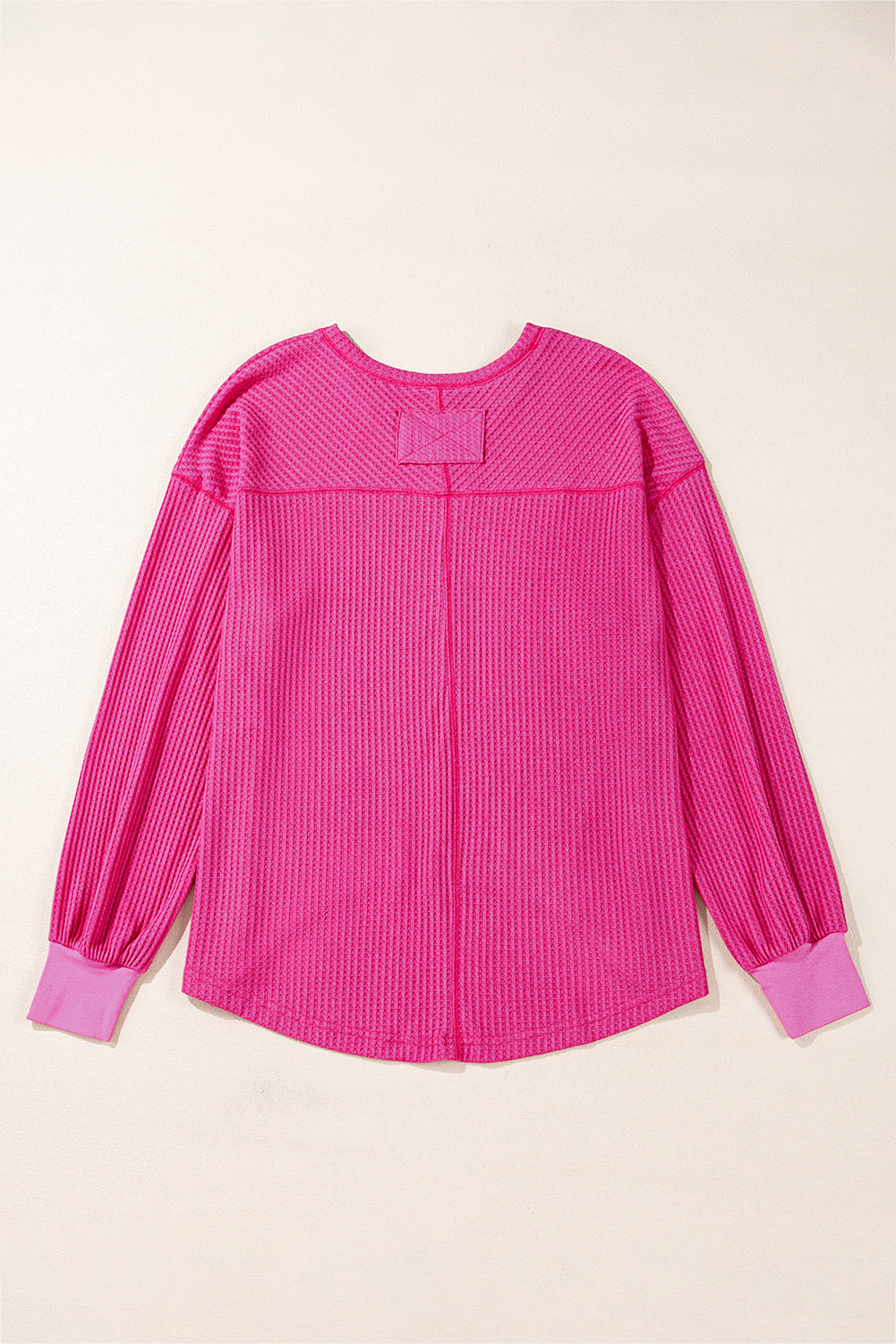 Light Pink Waffle V Neck Long Sleeve Drop Shoulder Loose Blouse