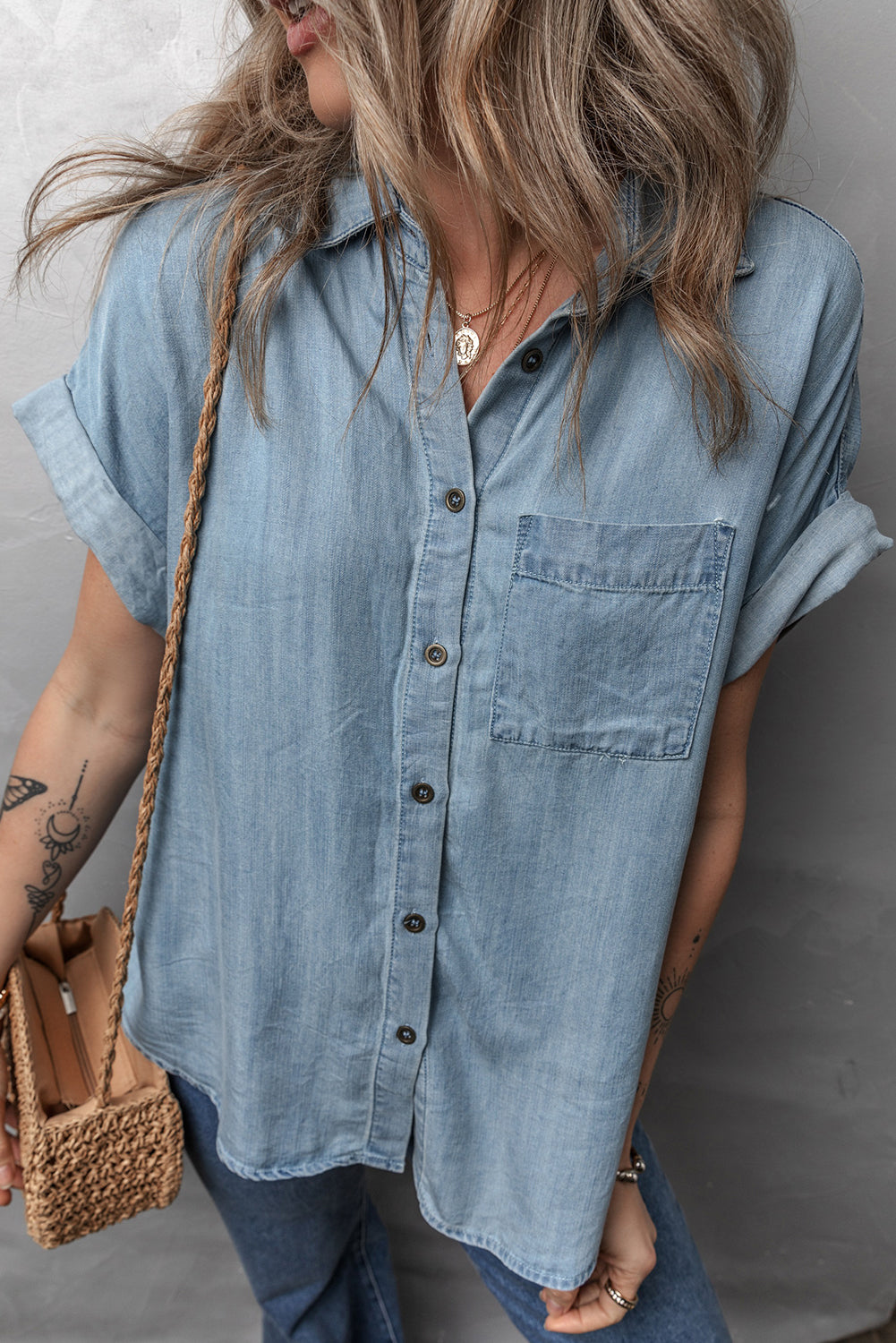 Dusk Blue Folded Short Sleeve Patched Pocket Denim Shirt