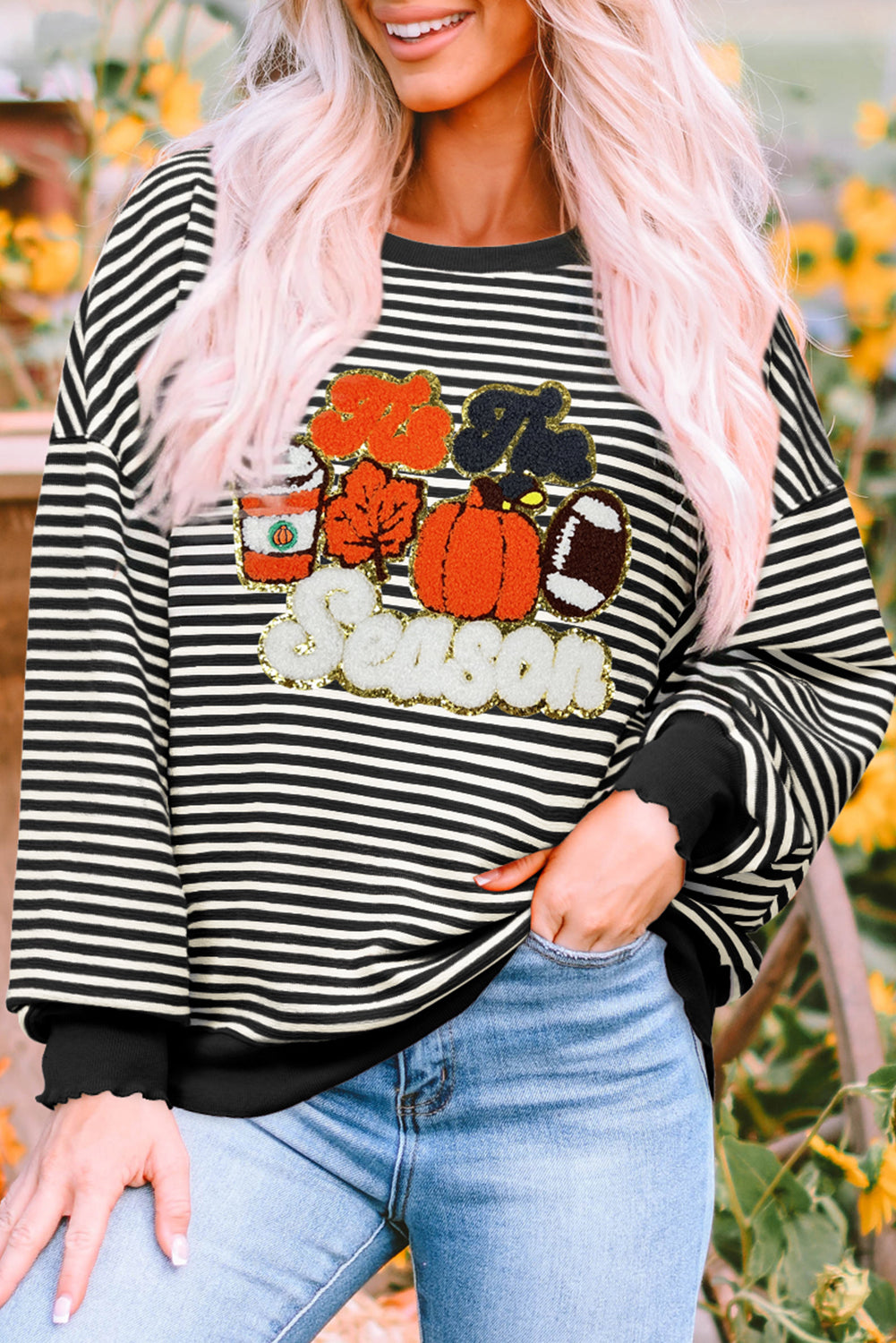 Black Stripe Tis The Season Chenille Patched Graphic Drop Shoulder Long Sleeve Top