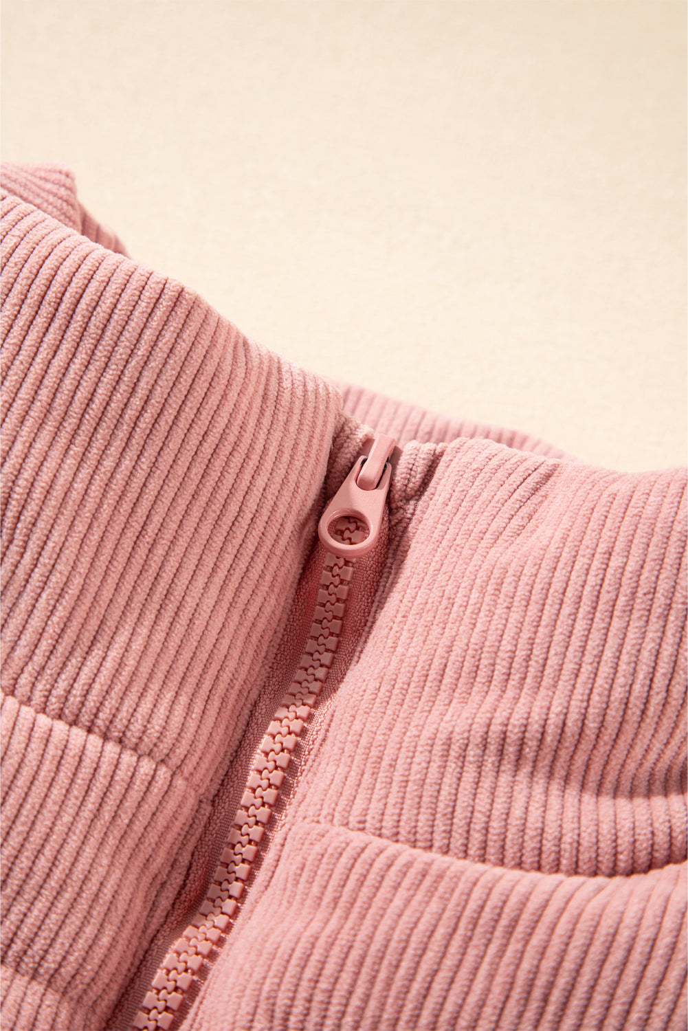 Beige Corduroy Stand Neck Zipped Puffer Vest