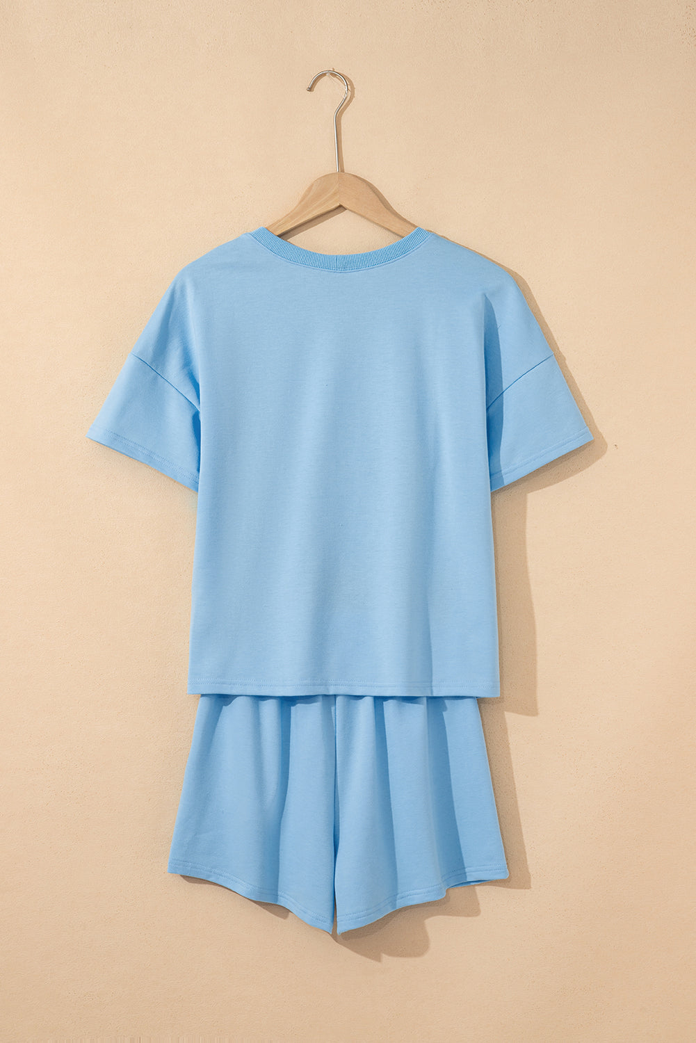 Mint Green V Neck Drop Shoulder Tee and Patchwork Drawstring Elastic Waistband Shorts Set