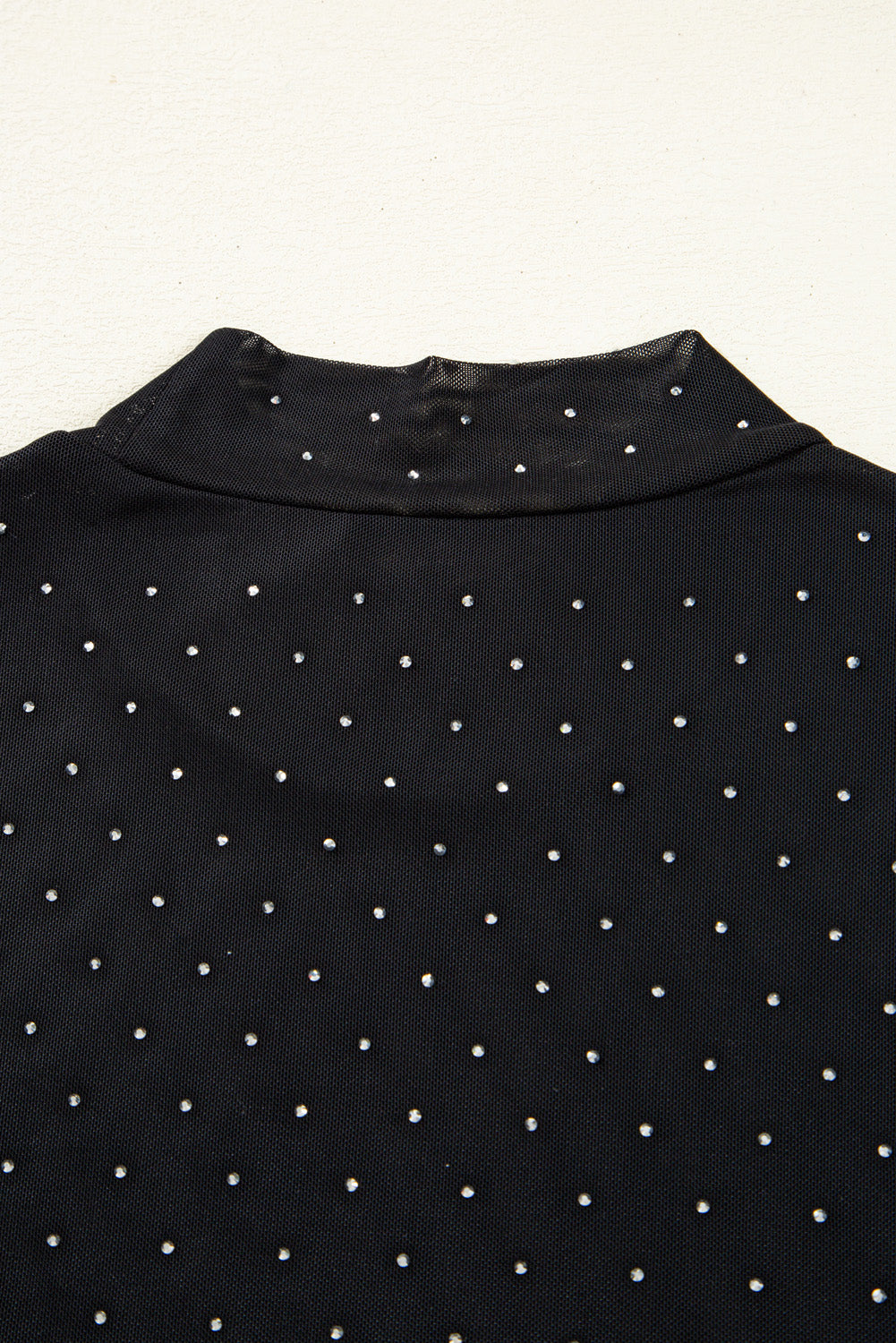 Black Rhinestone Embellished Mesh Long Sleeve Top