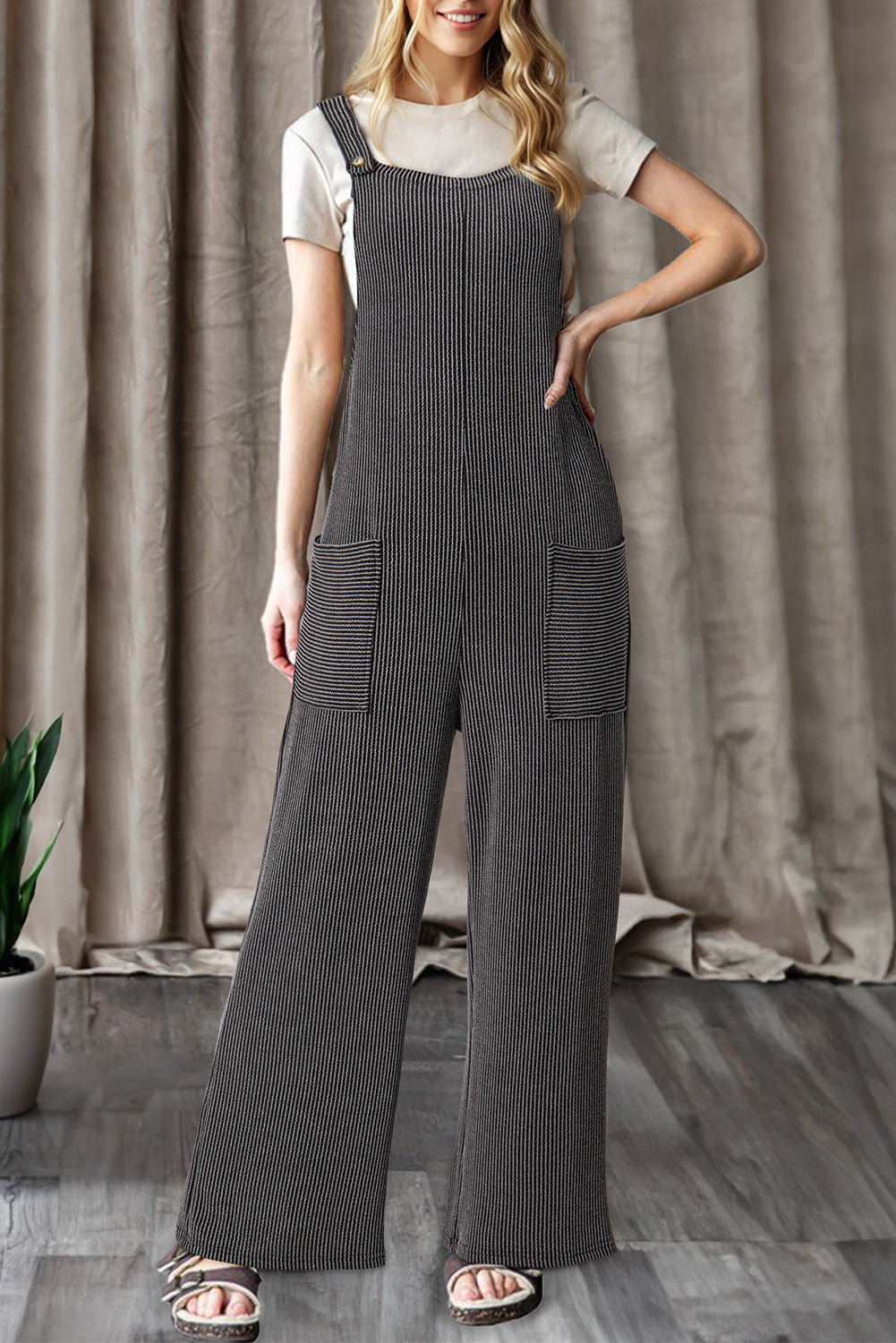 Dark Grey Ribbed Knit Patched Pocket Wide Leg Overalls
