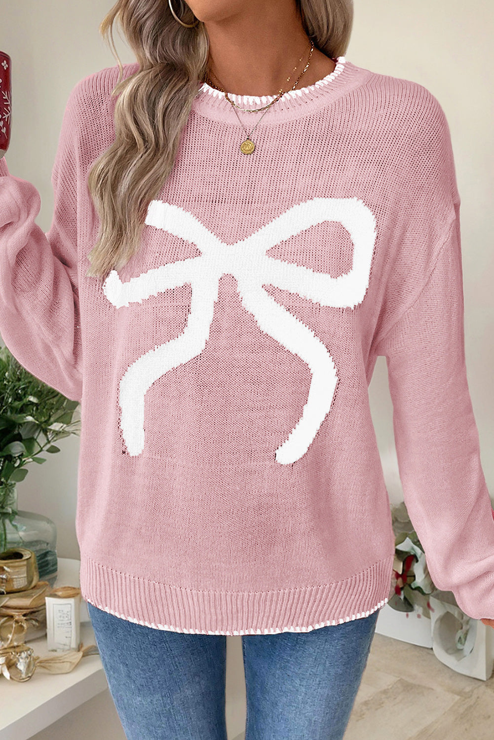 White Bow Pattern Contrast Trim Christmas Loose Graphic Sweater