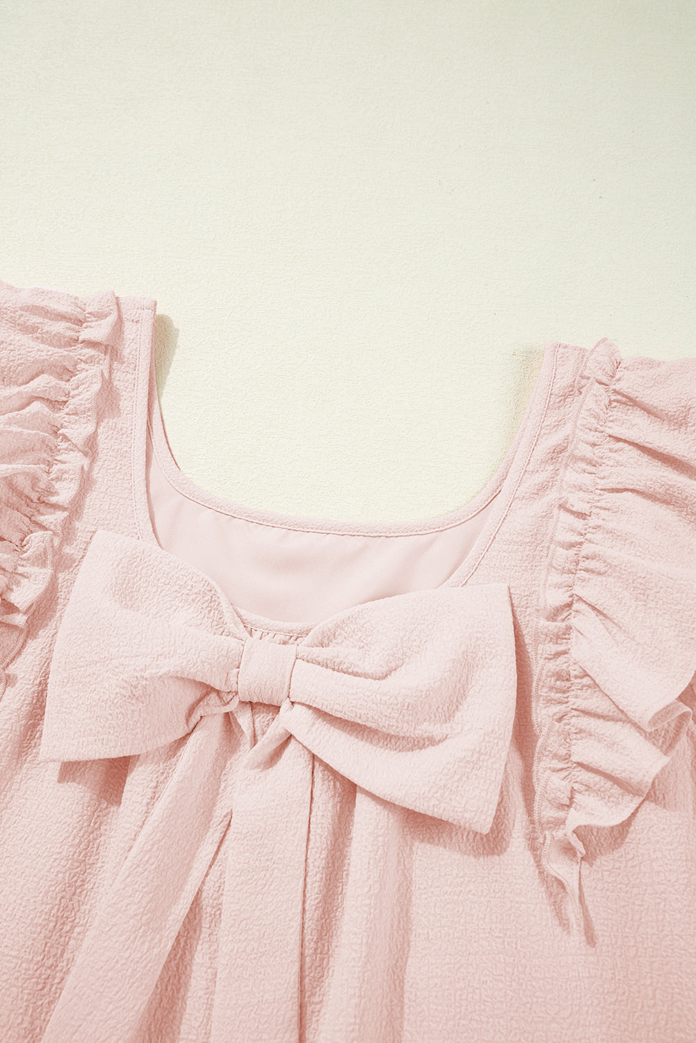 Beau Blue Textured Bow Knot Frilled Butterfly Sleeve Blouse