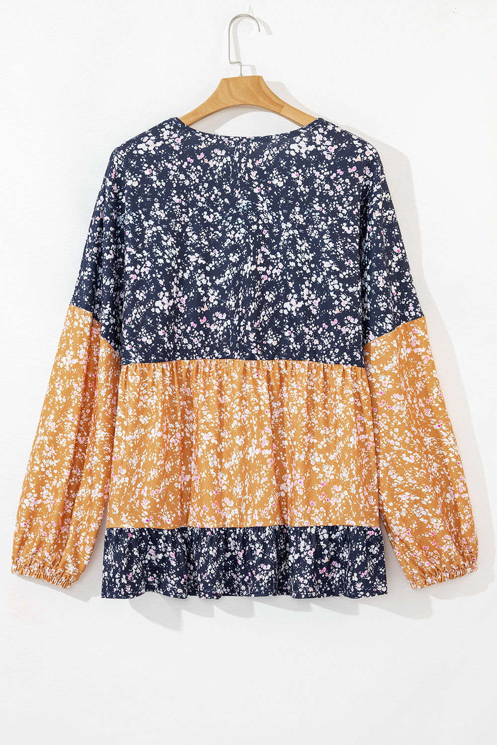 Orange Floral Color Block Patchwork Ruffled Hem Round Neck Blouse