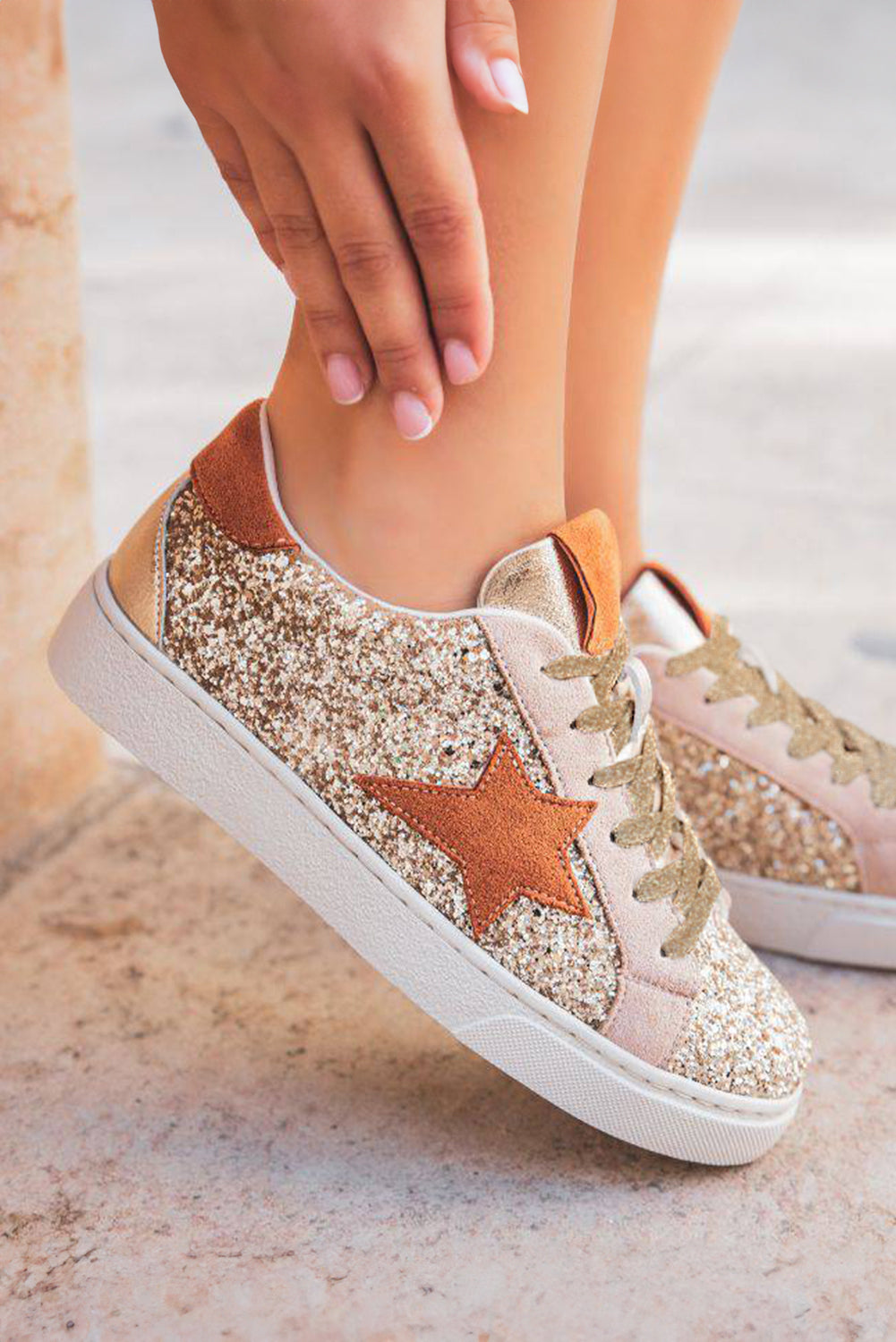 Dearlove Gold Glitter Star Patchwork PU Leather Lace-up Sneakers