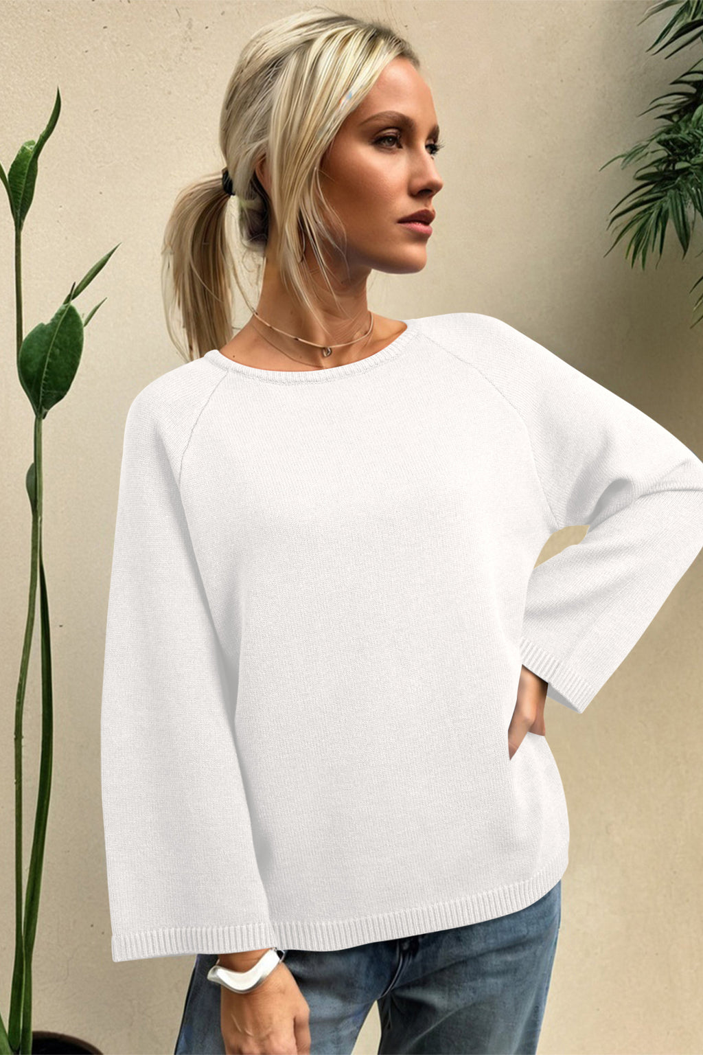 Sky Blue Solid Color Knit Loose Bracelet Sleeve Dolman Sweater