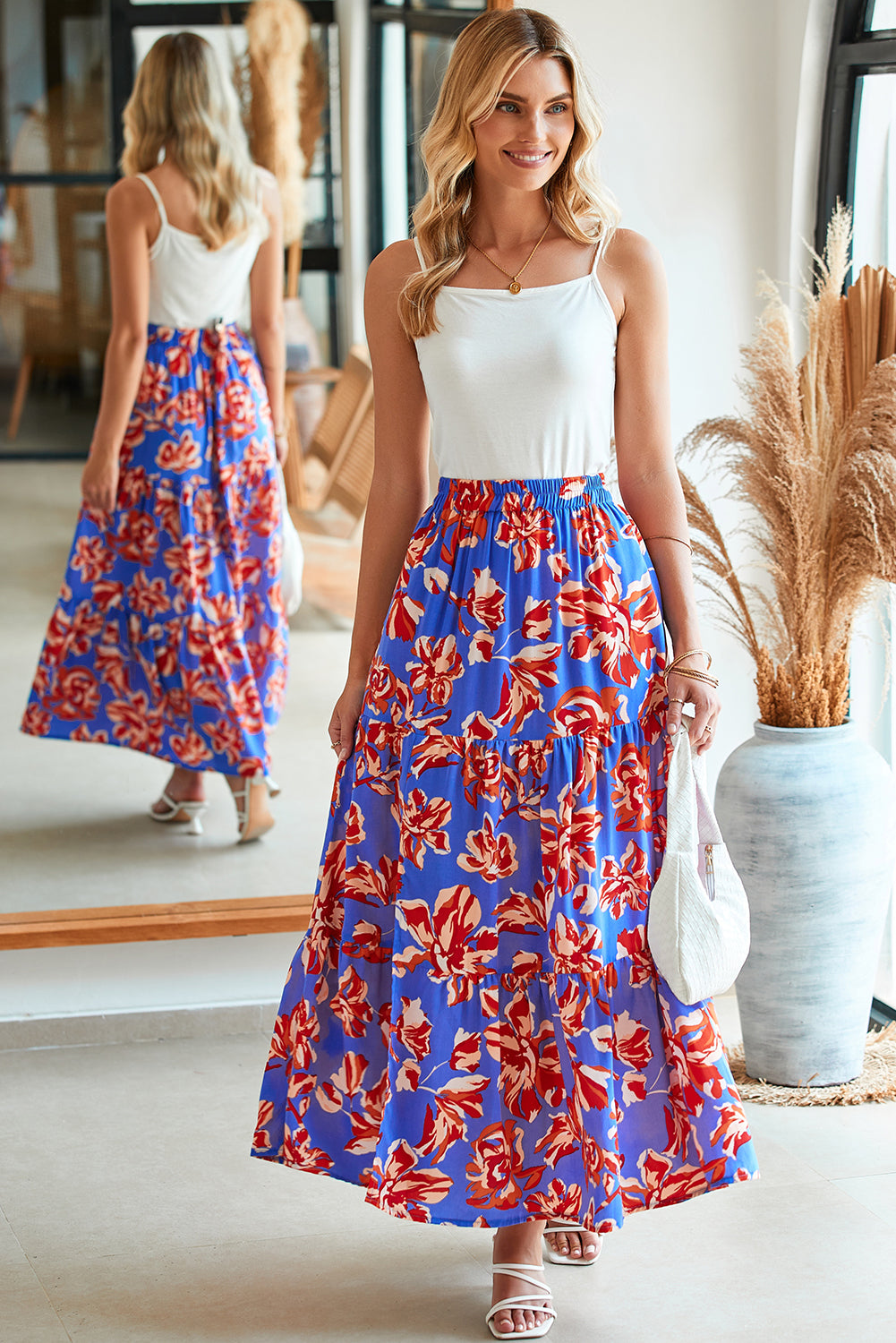 Orange Bohemian Floral Print Tiered Maxi Skirt with Split