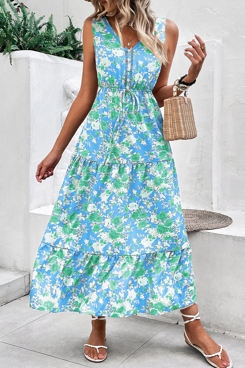 Green Floral Print Trimmed V Neck Tie Waist Sleeveless Holiday Long Dress
