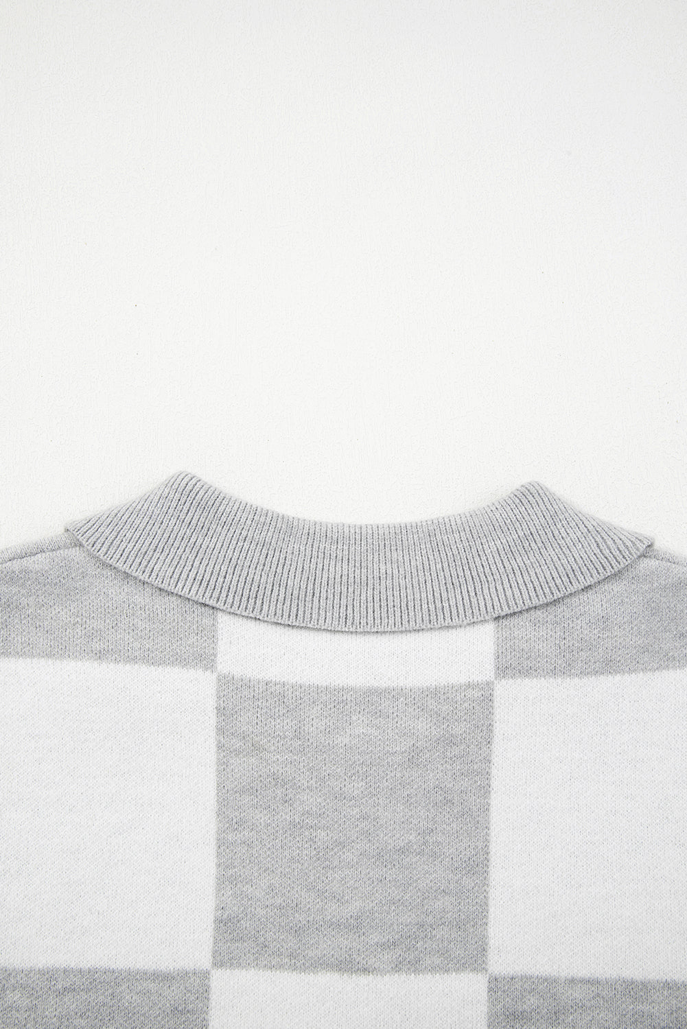 Gray Plus Size Checkered Pattern Button Polo Collar Split Sweater