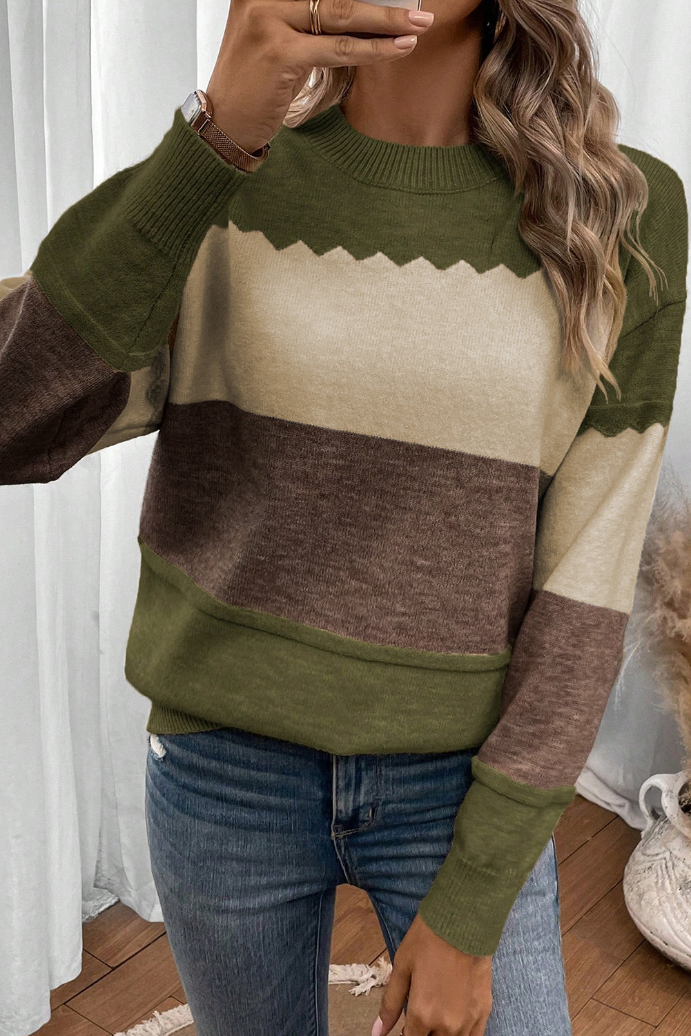 Black Colorblock Crew Neck Drop Shoulder Sweater