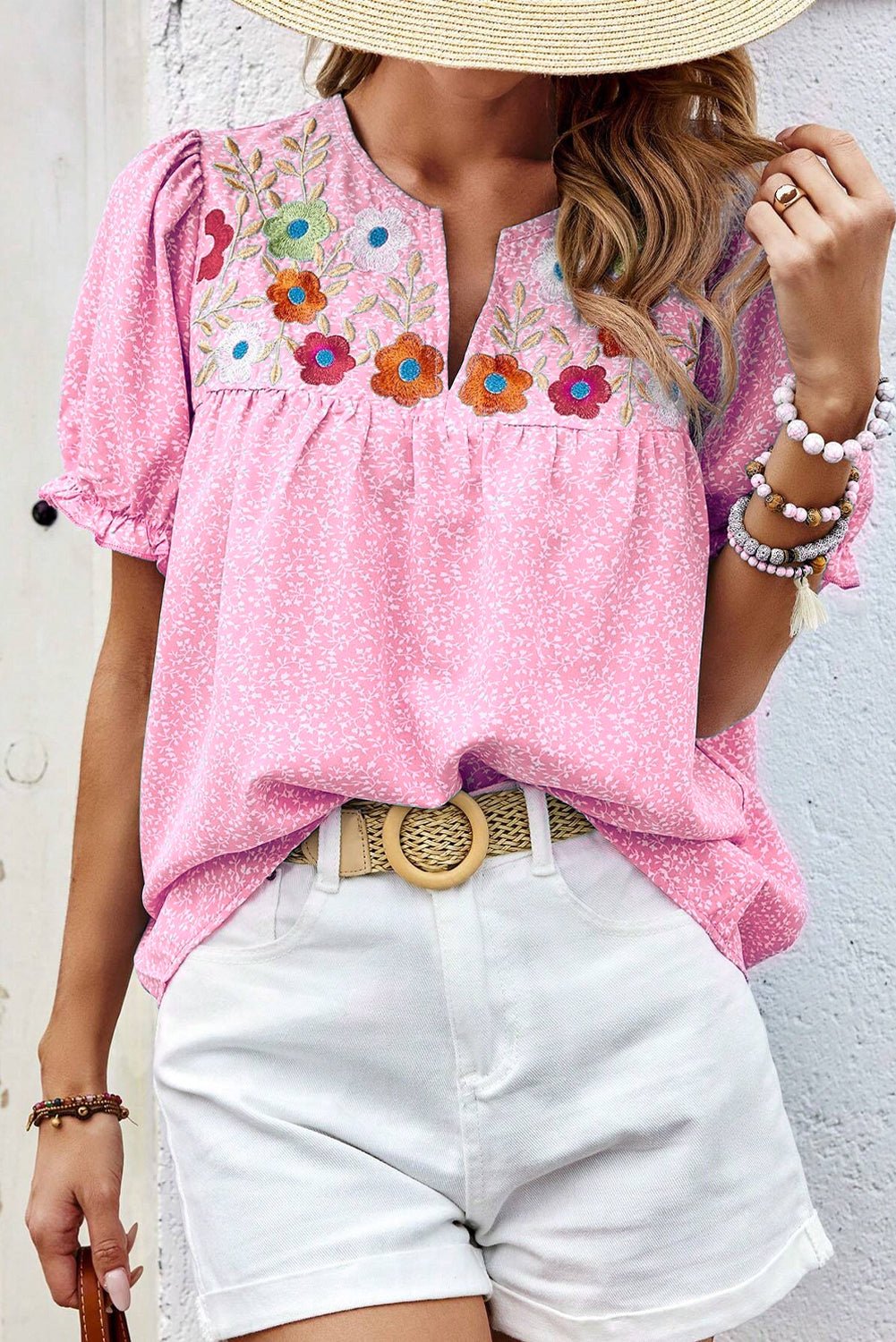 Sky Blue Floral Embroidered Puff Sleeve Notched V Neck Blouse
