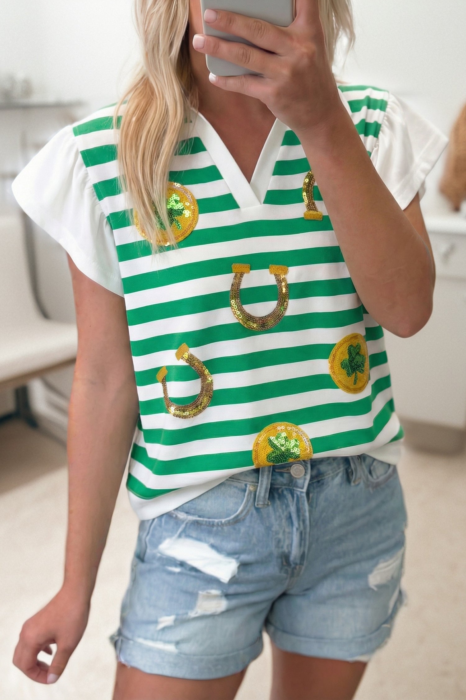 Pink Stripe Collar V Neck Ruffled Short Sleeve Blouse
