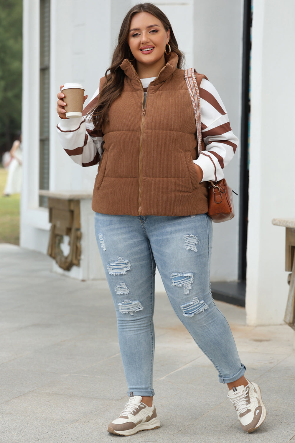 Beige Corduroy Stand Neck Zipped Puffer Vest