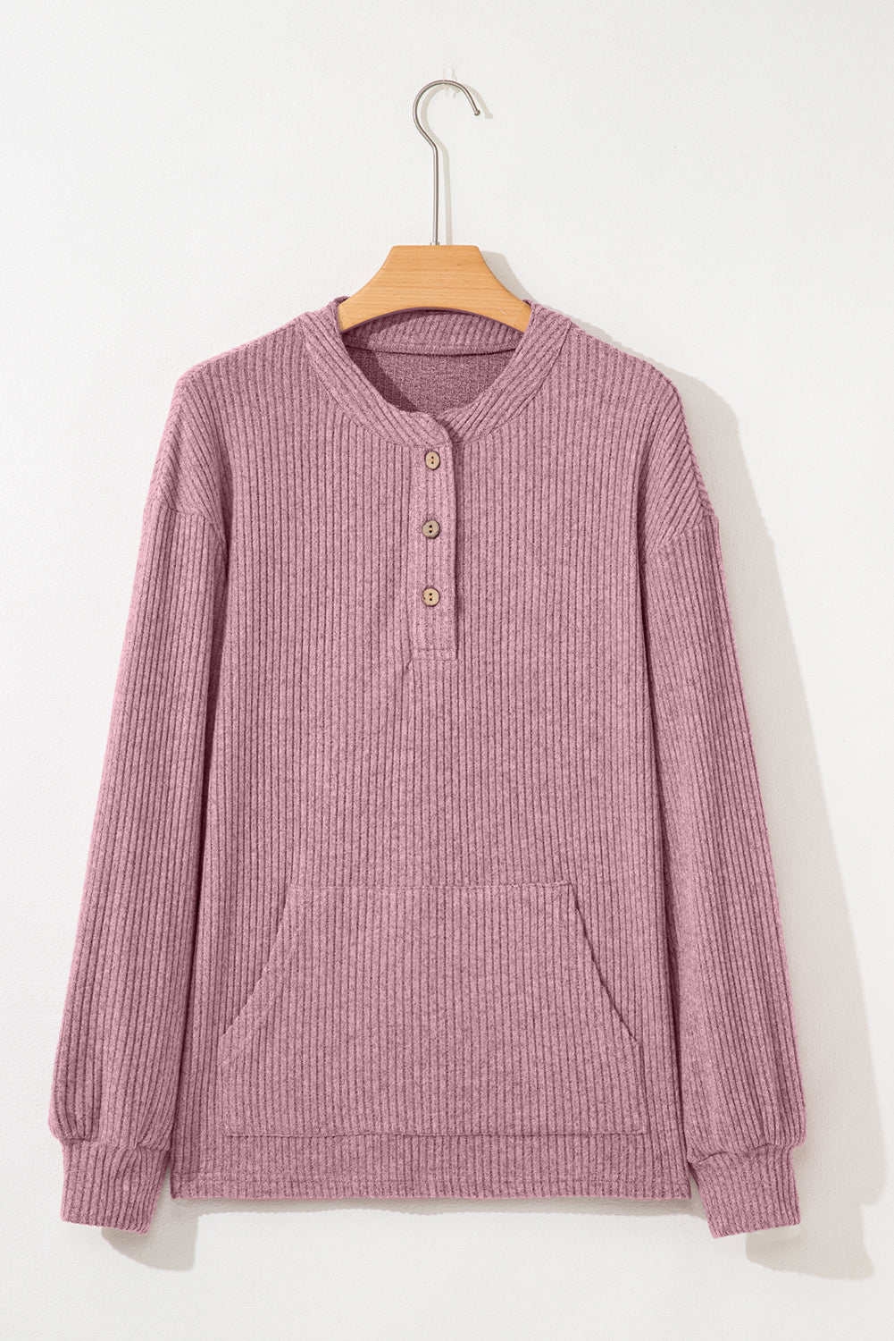 Simply Taupe Plus Size Ribbed Knit Kangaroo Pocket Henley Long Sleeve Top