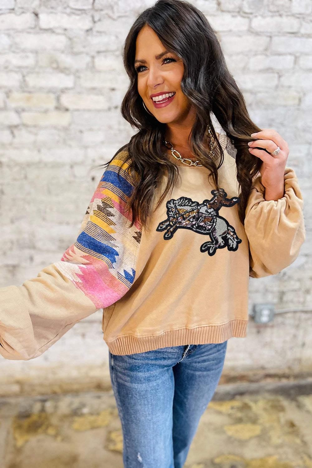 Light French Beige Aztec Patchwork Raglan Pullover Sweatshirt