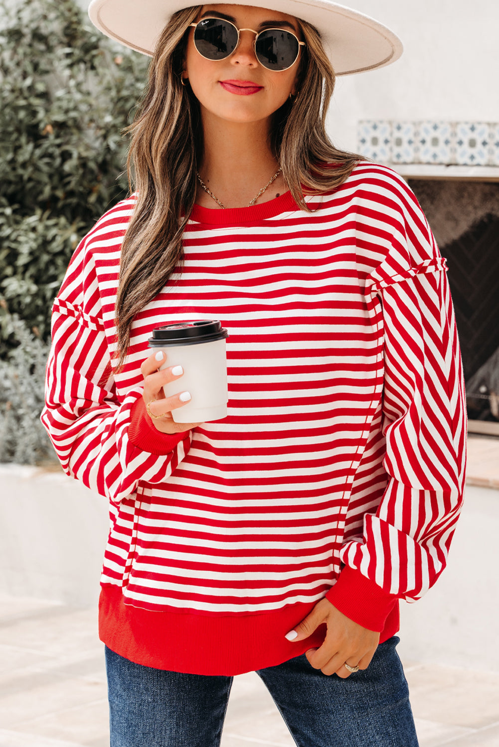 Orange Stripe Exposed Seam Drop Shoulder Casual Pullover Top
