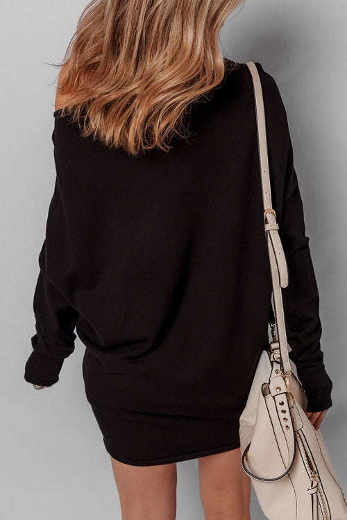 Black Asymmetric Neck Batwing Sleeve Shift Mini Sweater Dress