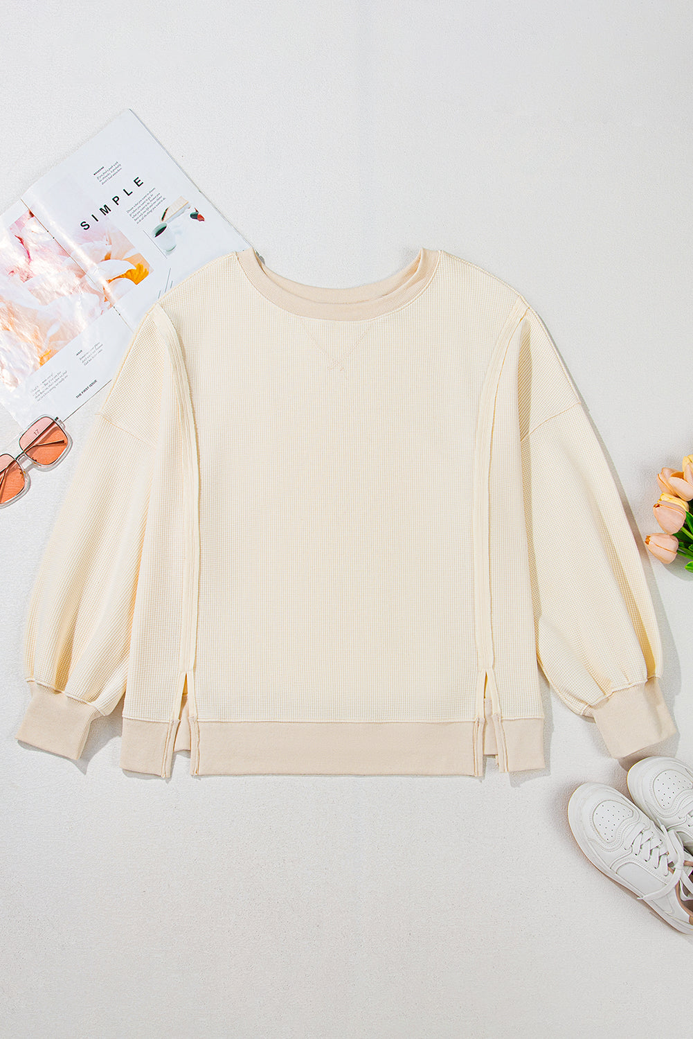 White Waffle knit Bishop Sleeve Split Oversized Top
