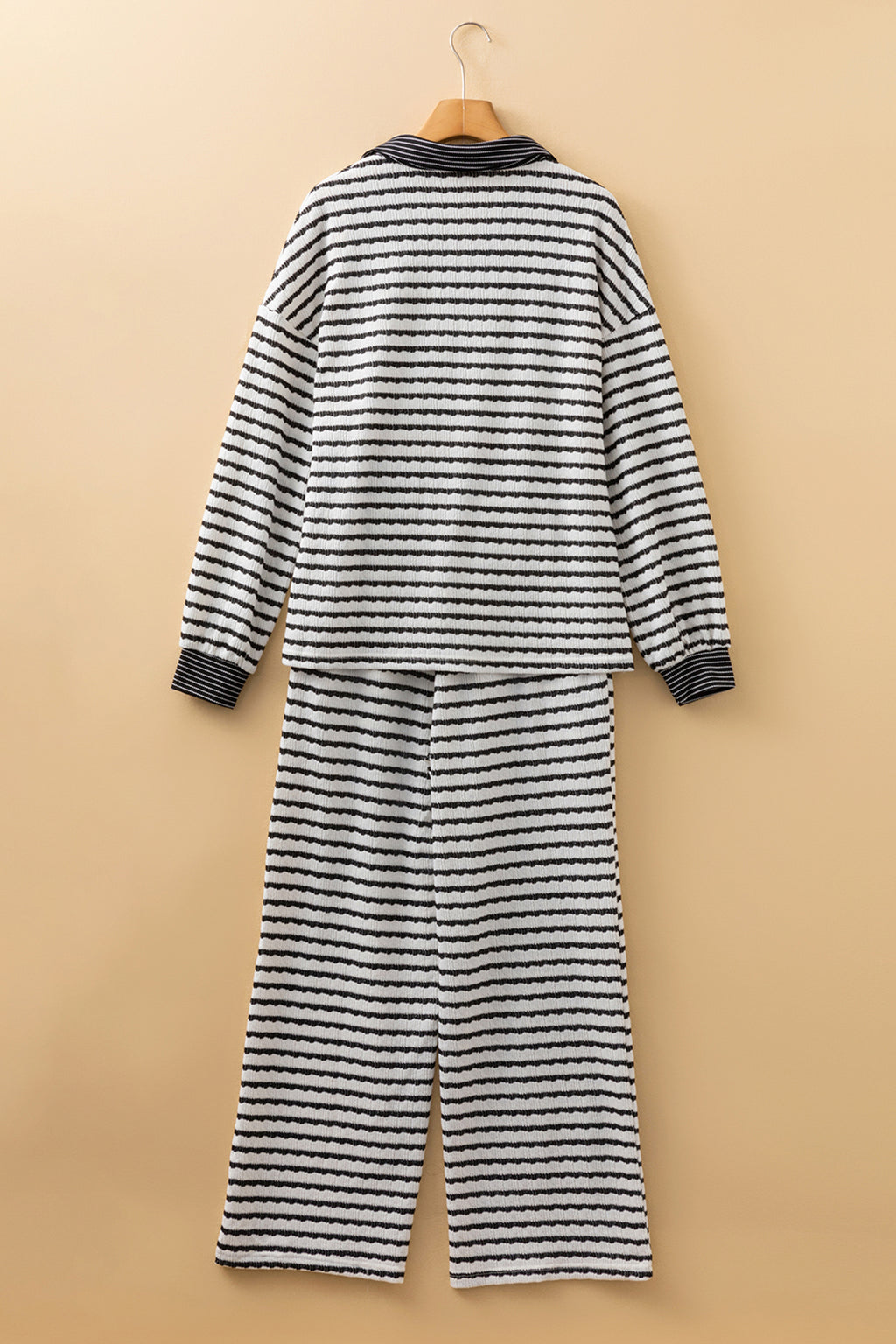 Khaki Stripe Plus Size Collared V Neck Loose Pullover Drawstring Elastic Waist Wide Leg Pant Set