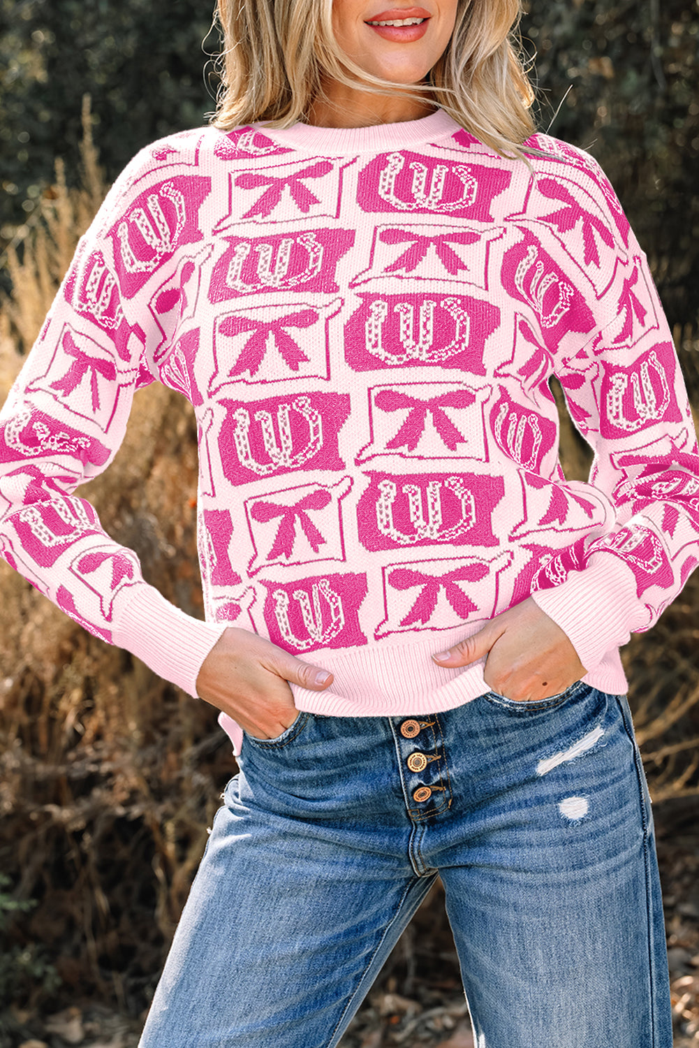 Brown Bows & Horseshoes Pattern Western Fashion Print Sweater
