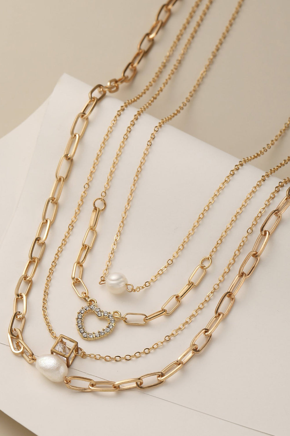 Gold 4pcs Pearl Cube Heart Pendant Plated Necklace Set