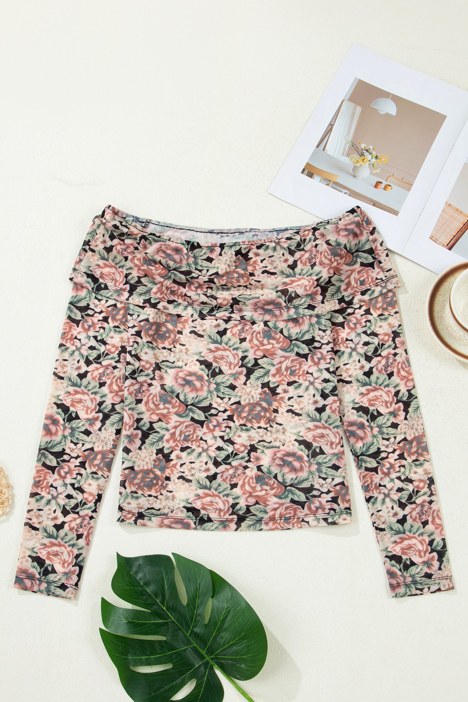 White Retro Floral Print Mock Neck Mesh Long Sleeve Top