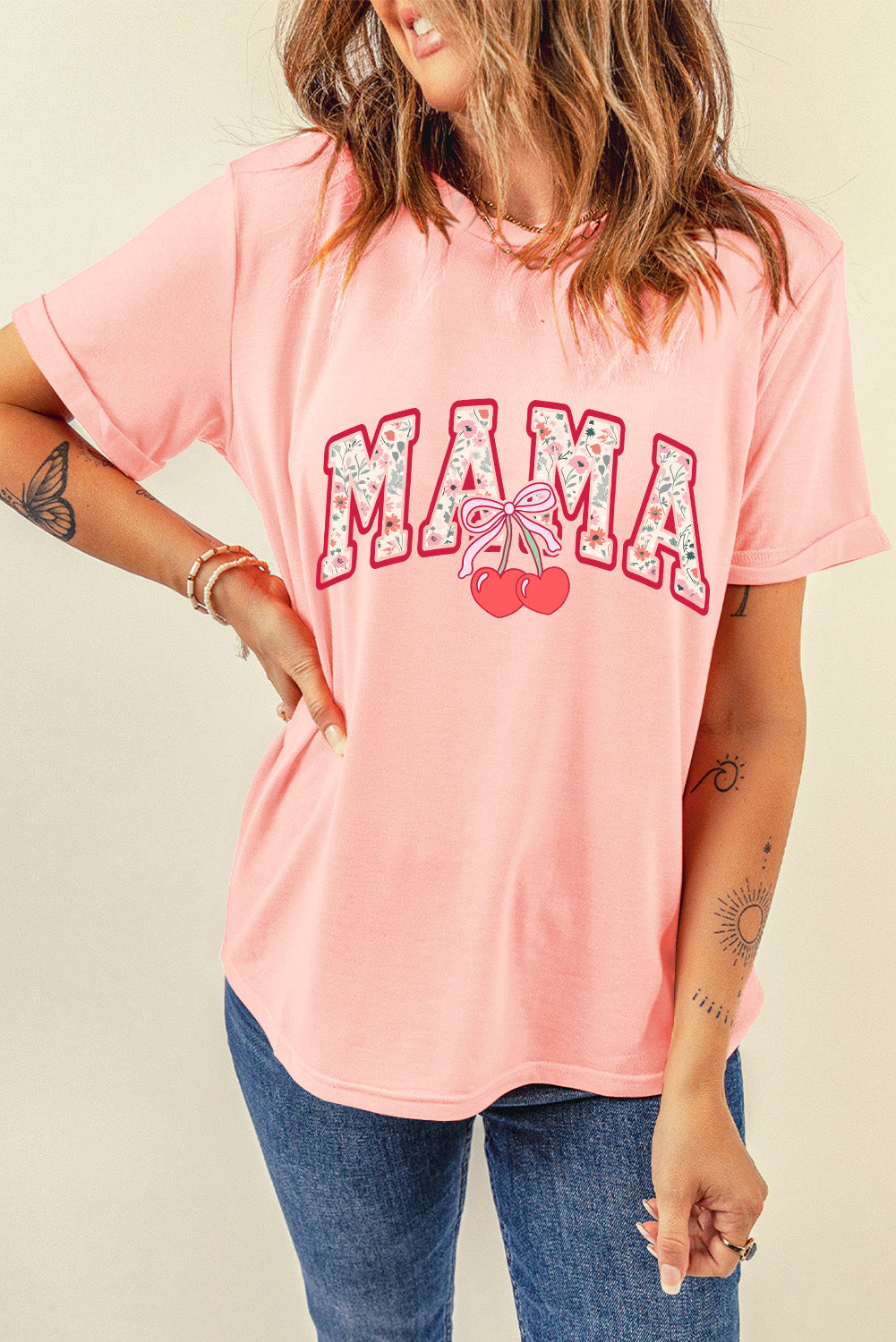 Pink Floral MAMA Cherry Graphic Crewneck T Shirt