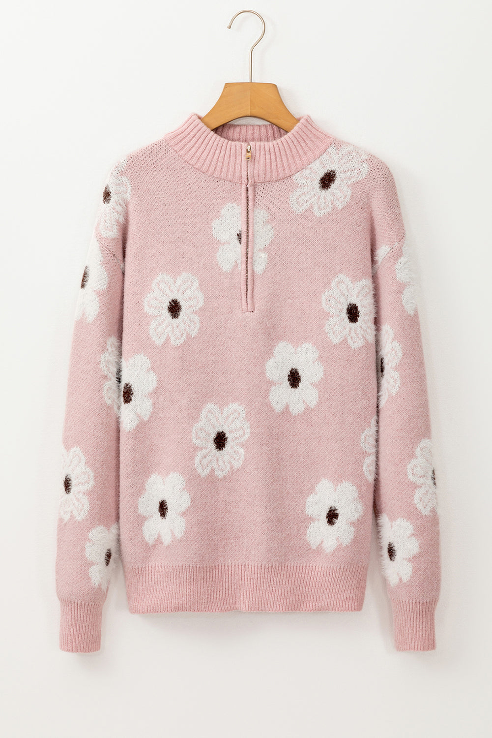 Khaki Floral Pattern Half Zip Drop Shoulder Sweater