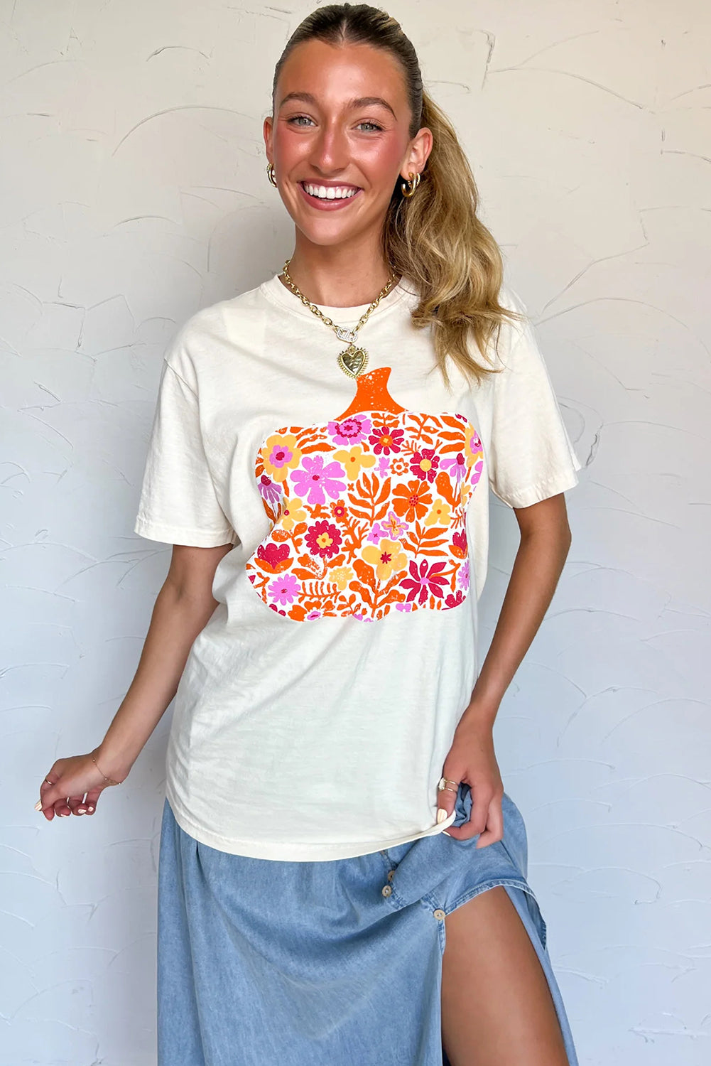 White Floral Pumpkin Cracking Print Thanksgiving Fashion T Shirt