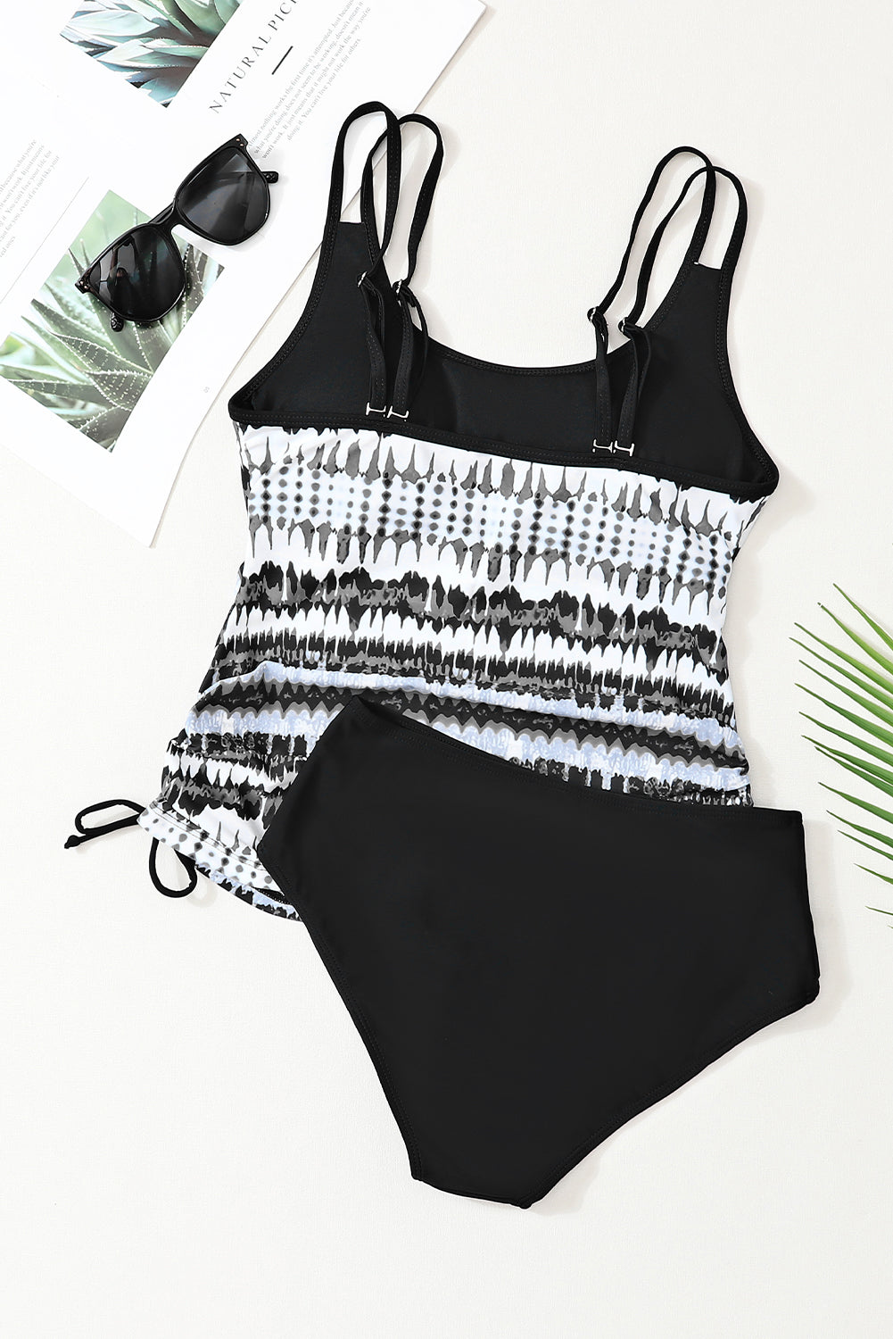 Black Printed Double Straps Printed Tankini Top with Shorts 2pcs Swimsuit