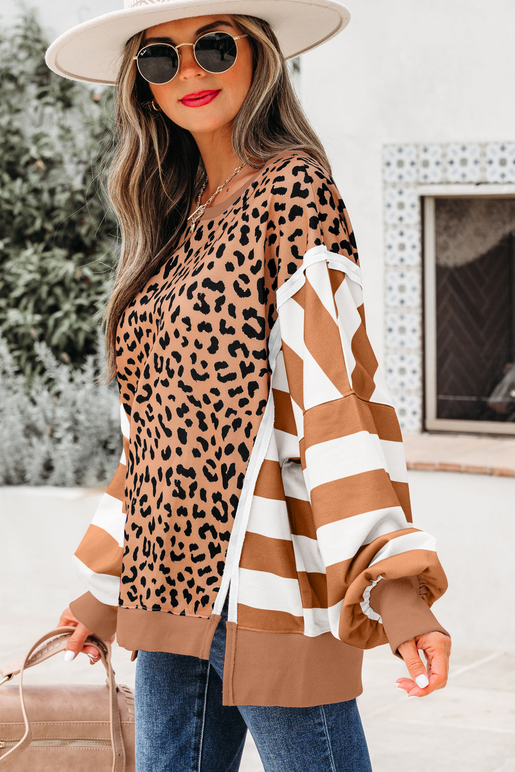 Khaki Leopard Striped Patchwork Plus Size Loose Sweatshirt