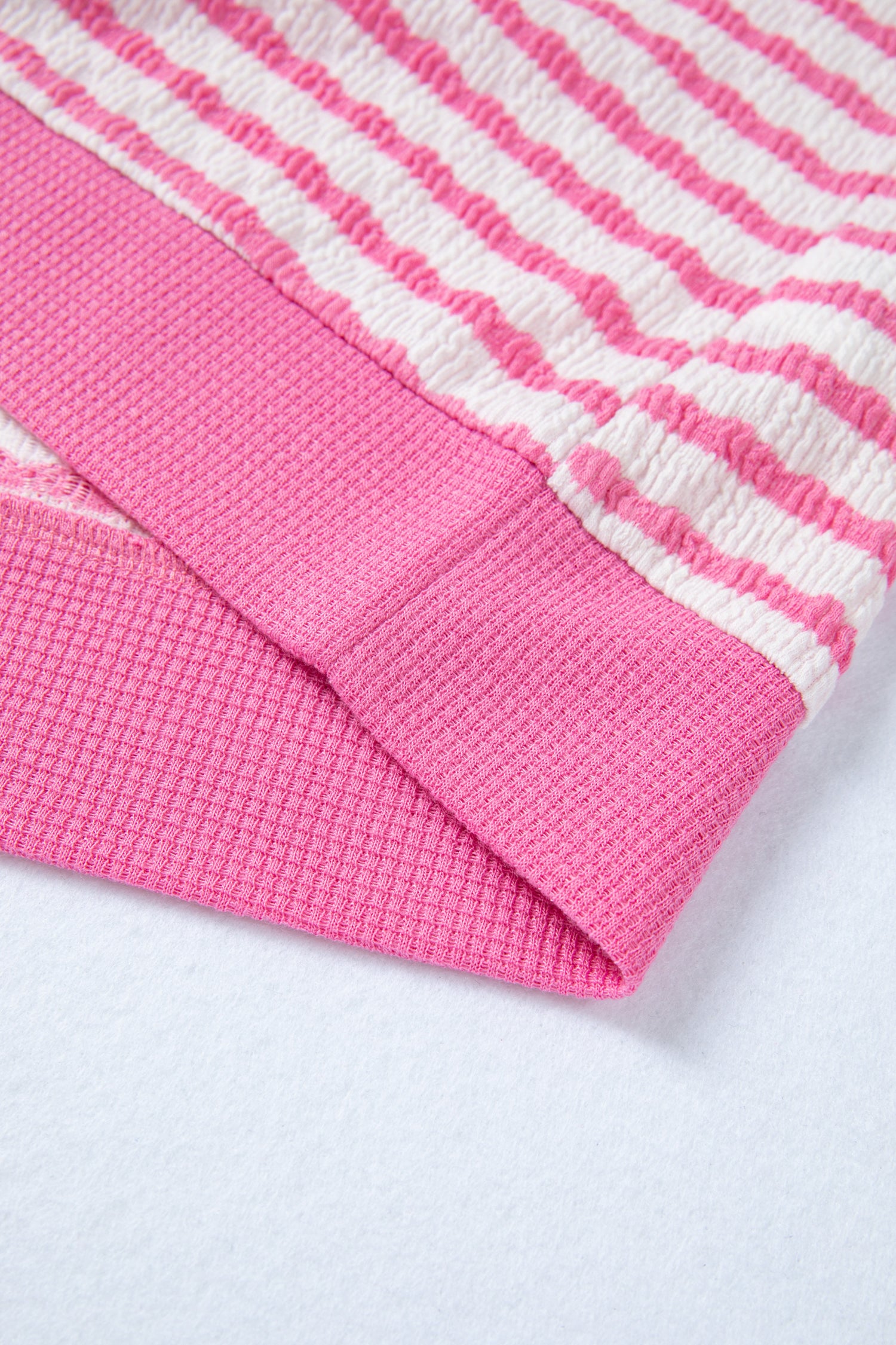 Pink Stripe Textured Knit Contrast Trim V Neck Short Sleeve Top