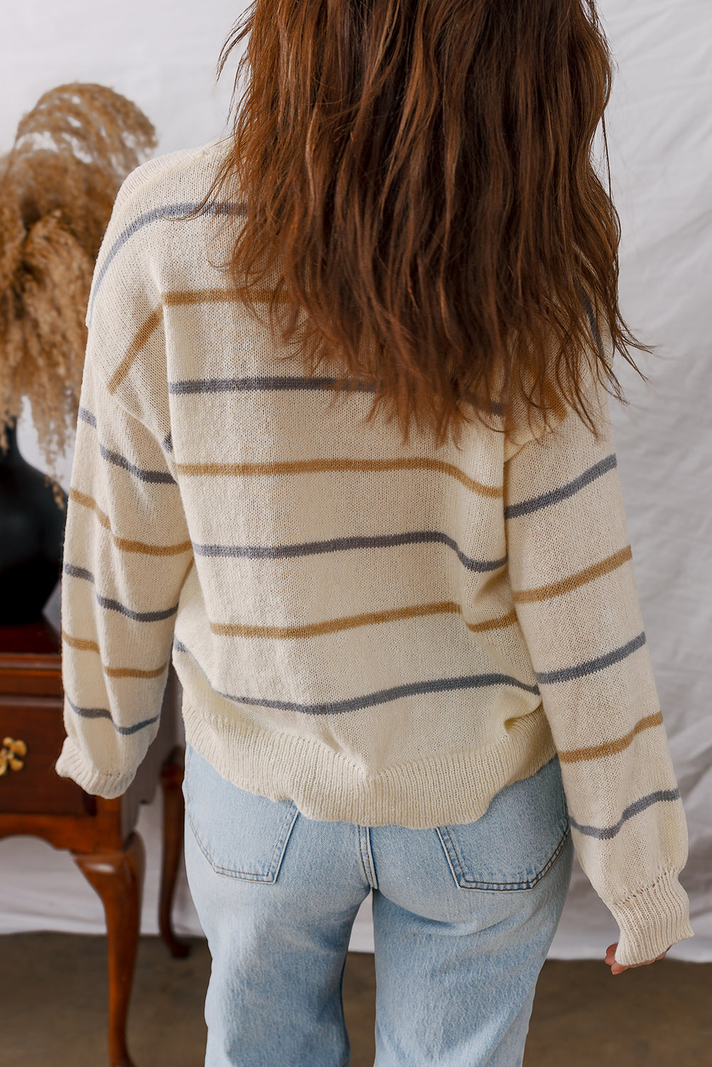 Multicolour Striped Buttoned Front V Neck Drop Shoulder Cardigan Sweater