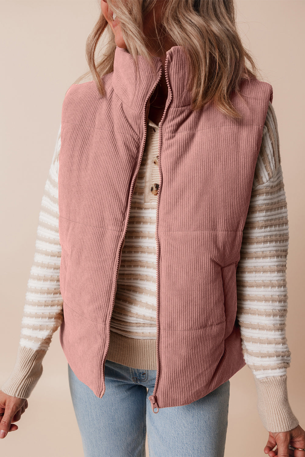 Beige Corduroy Stand Neck Zipped Puffer Vest