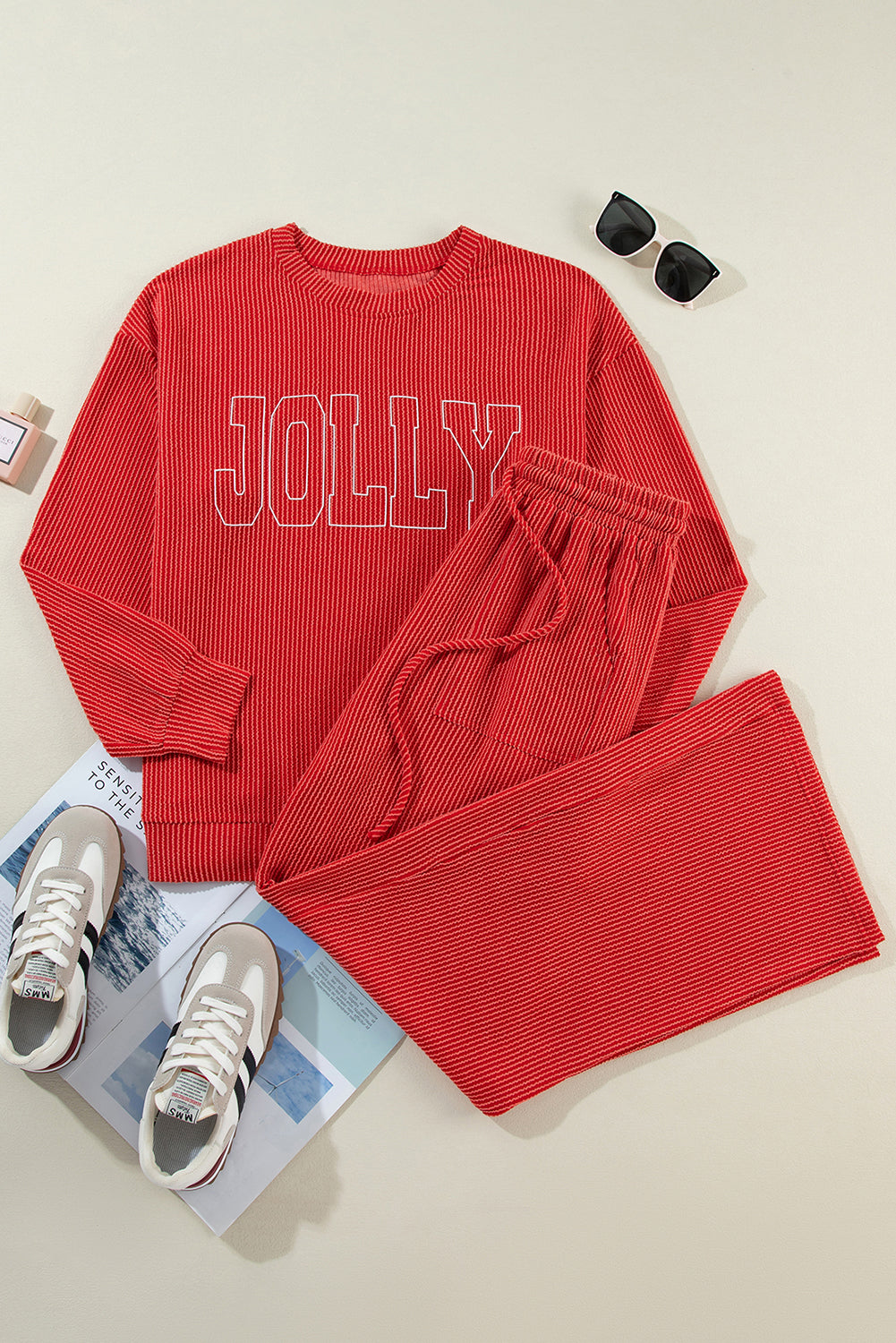 Black MERRY Corded Long Sleeve Top and Pockets Pants Set